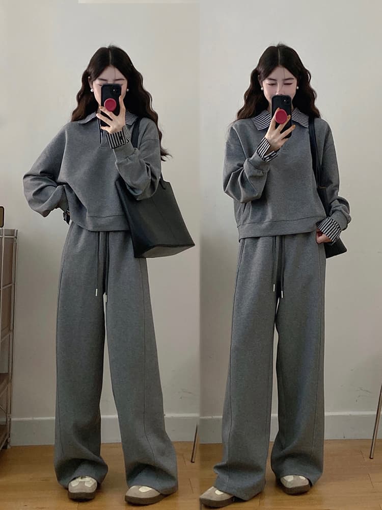 실사 빅 사이즈 여성 의류 2026 가을 새로운 회색 캐주얼 스포츠 슈트 패션 후드티 와이드 레그 팬츠 투피스 세트
