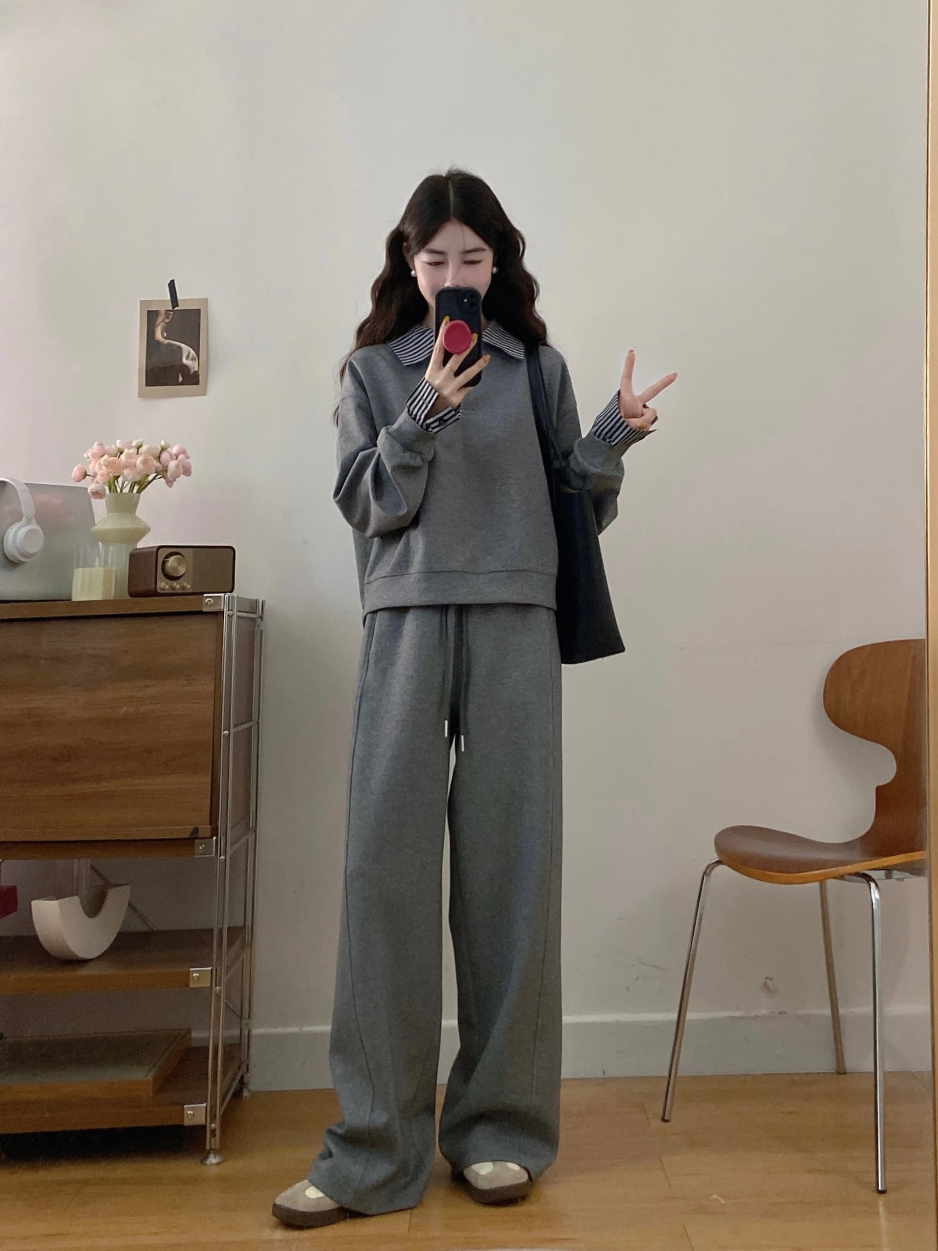 실사 빅 사이즈 여성 의류 2026 가을 새로운 회색 캐주얼 스포츠 슈트 패션 후드티 와이드 레그 팬츠 투피스 세트 상세 이미지 8