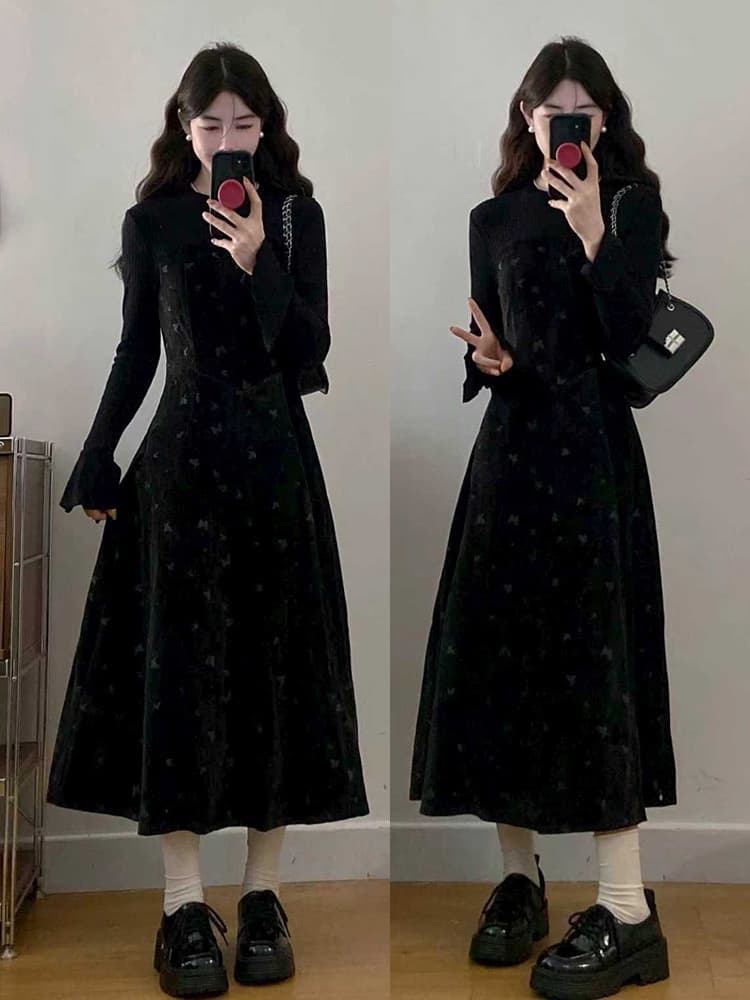 실사 빅 사이즈 여성 의류 2026 가을 새로운 검정색 페이크 레이어드 꽃무늬 벨벳 드레스 복장