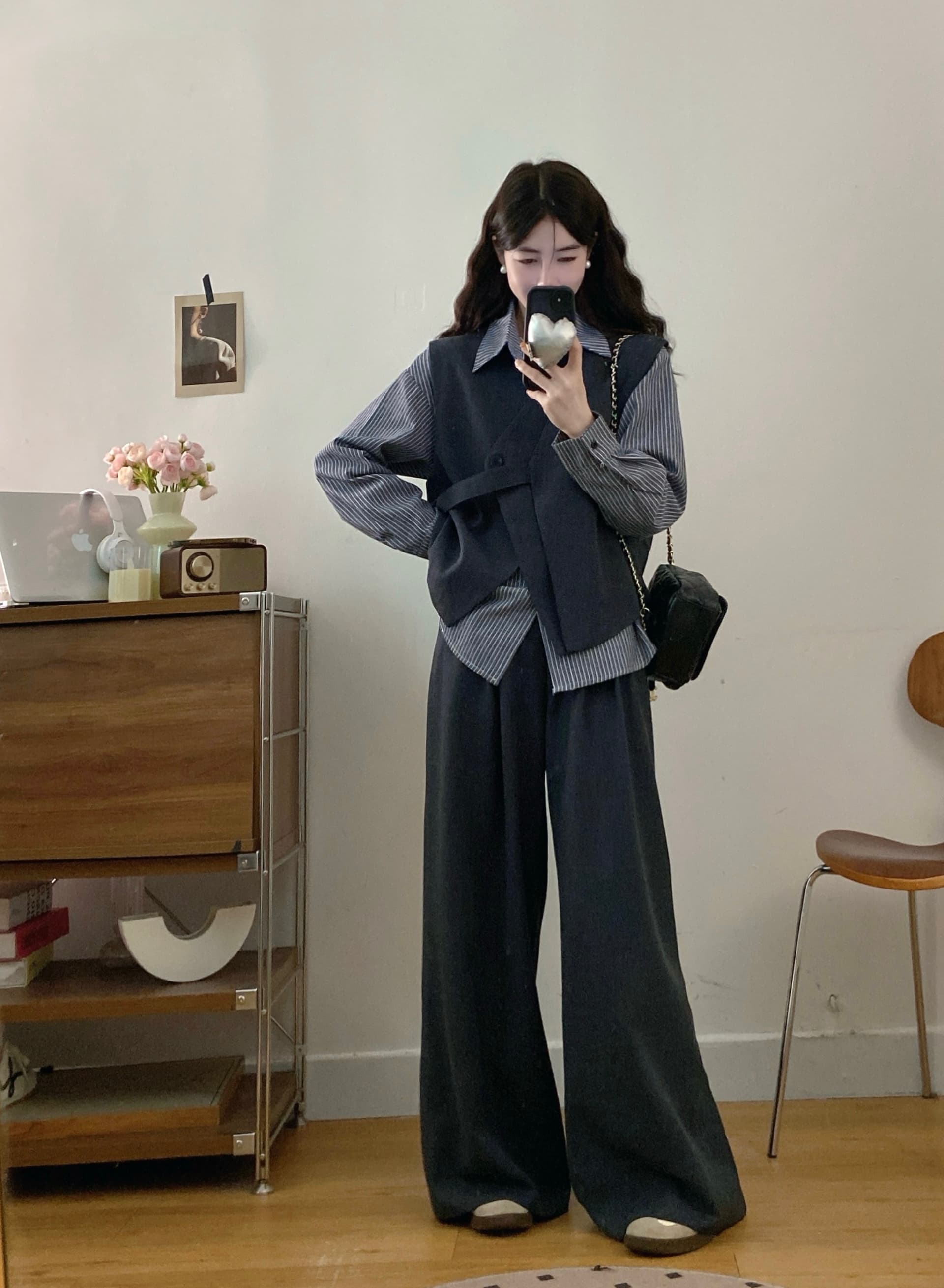 실사 빅 사이즈 여성 의류 가을 새로운 한 부서 디자인 센스 불규칙 베스트 스트라이프 셔츠 와이드 레그 팬츠 3종 세트 상세 이미지 7