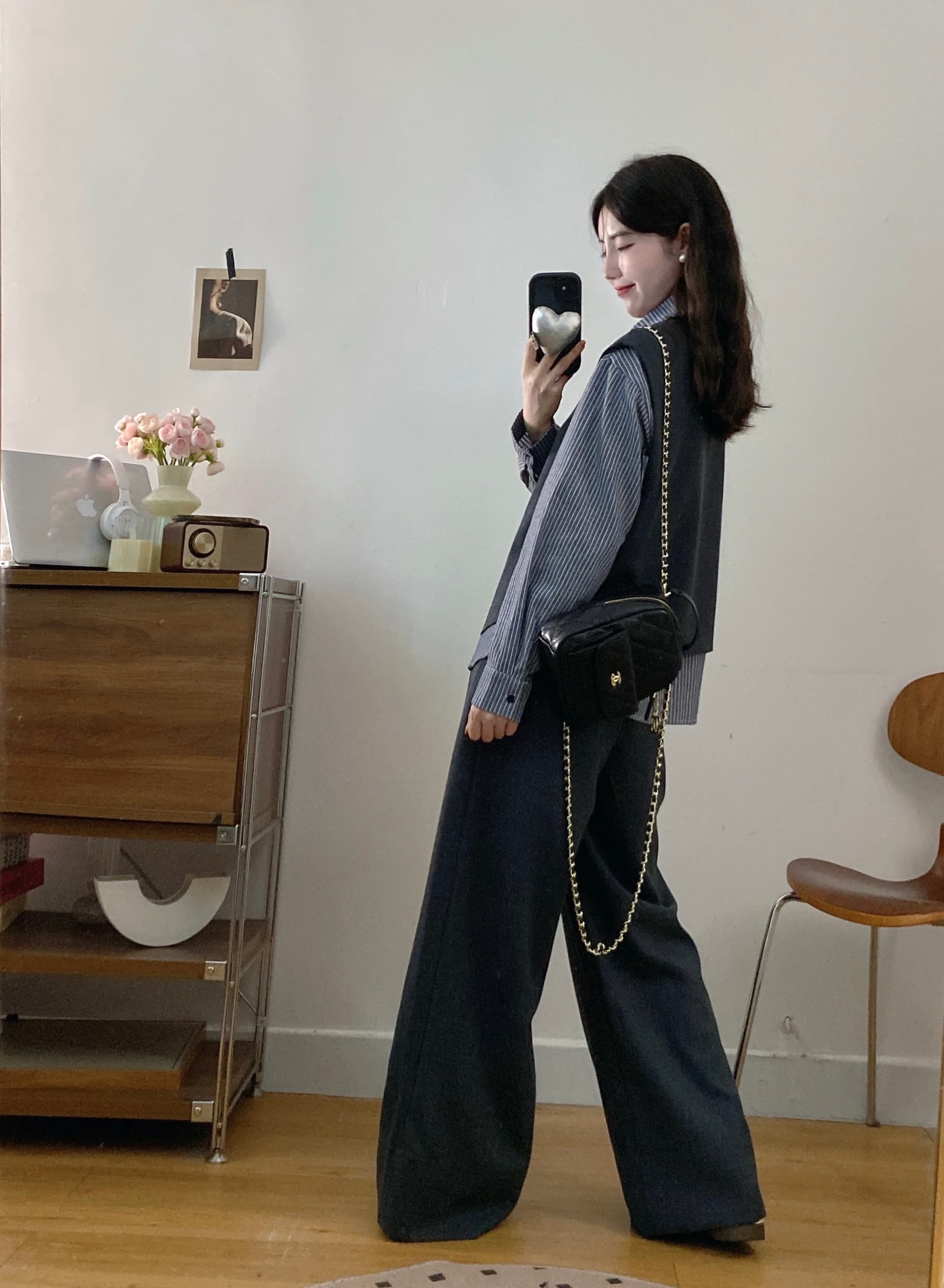 실사 빅 사이즈 여성 의류 가을 새로운 한 부서 디자인 센스 불규칙 베스트 스트라이프 셔츠 와이드 레그 팬츠 3종 세트 상세 이미지 14