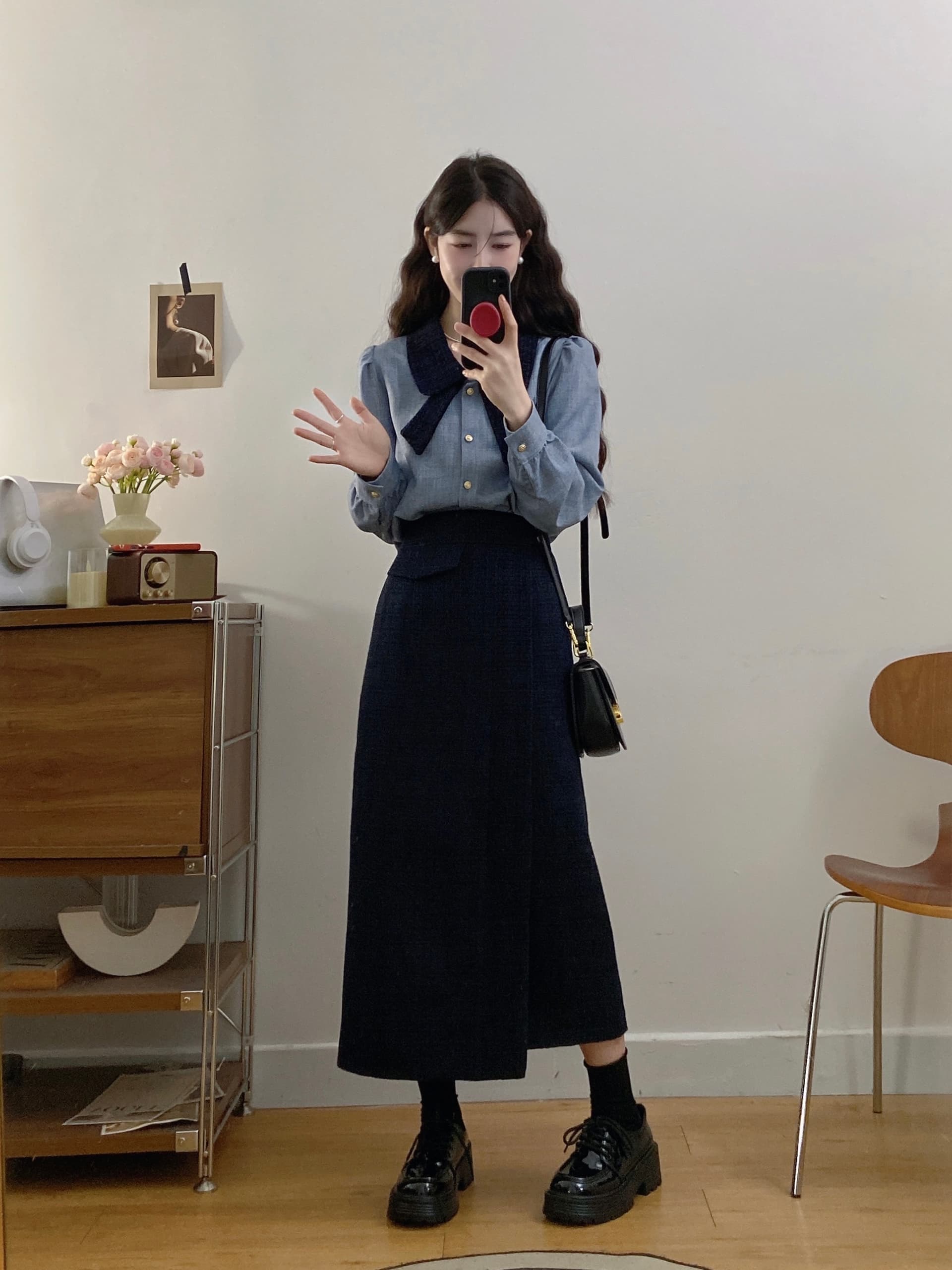 실사 빅 사이즈 여성 의류 가을 새로운 학원 스타일 샤오시엔 나비 매듭 품격 셔츠 하이웨이스트 반신 스커트 투피스 세트 이미지 4