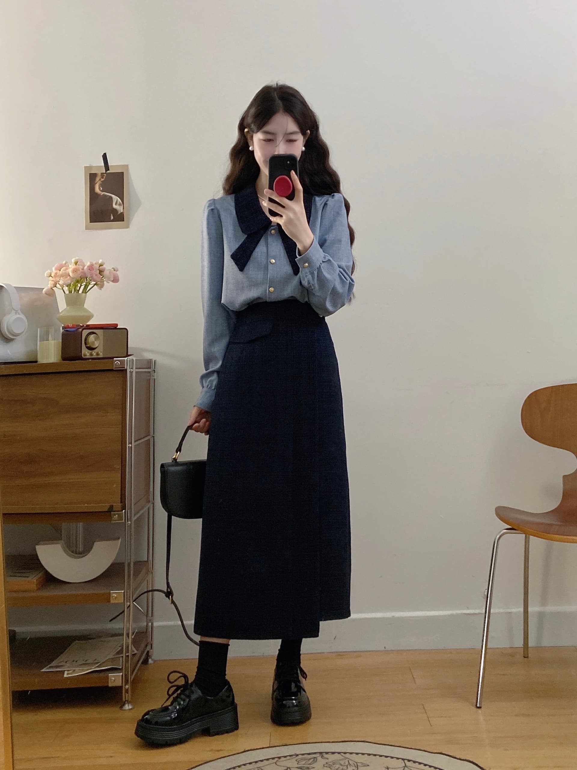 실사 빅 사이즈 여성 의류 가을 새로운 학원 스타일 샤오시엔 나비 매듭 품격 셔츠 하이웨이스트 반신 스커트 투피스 세트 이미지 2