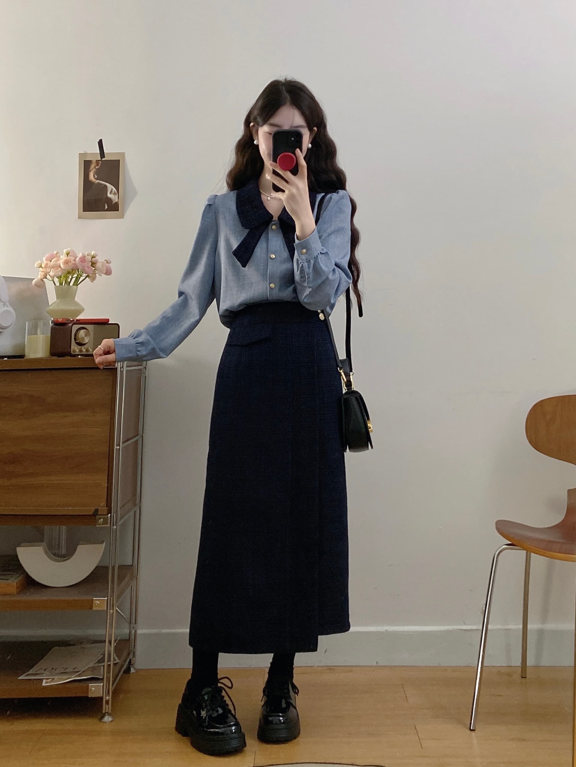 실사 빅 사이즈 여성 의류 가을 새로운 학원 스타일 샤오시엔 나비 매듭 품격 셔츠 하이웨이스트 반신 스커트 투피스 세트 상세 이미지 5