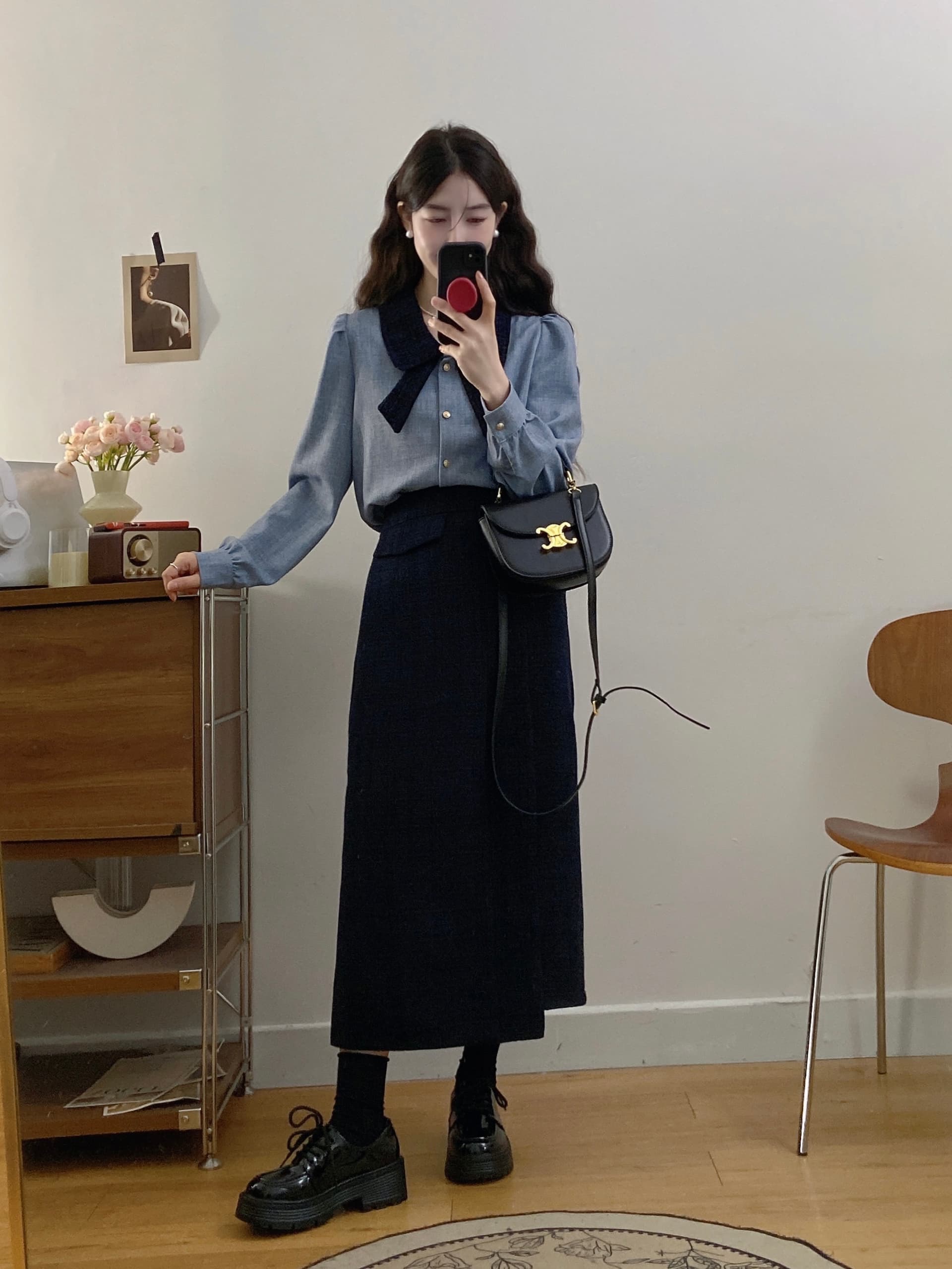 실사 빅 사이즈 여성 의류 가을 새로운 학원 스타일 샤오시엔 나비 매듭 품격 셔츠 하이웨이스트 반신 스커트 투피스 세트 상세 이미지 7