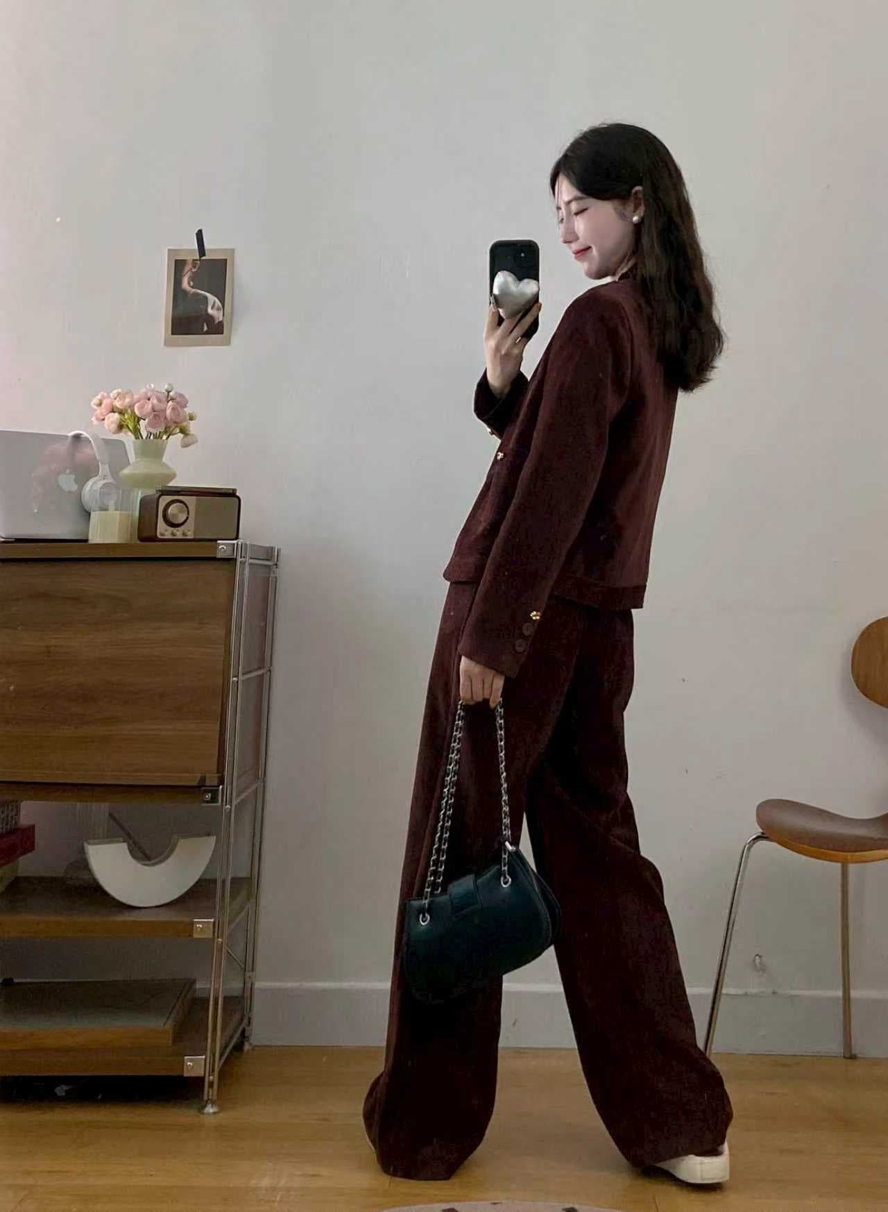 실사 빅 사이즈 여성 의류 2026 가을 새로운 품격 레트로 슬림해 보이는 재킷 와이드 레그 팬츠 투피스 세트 상세 이미지 9