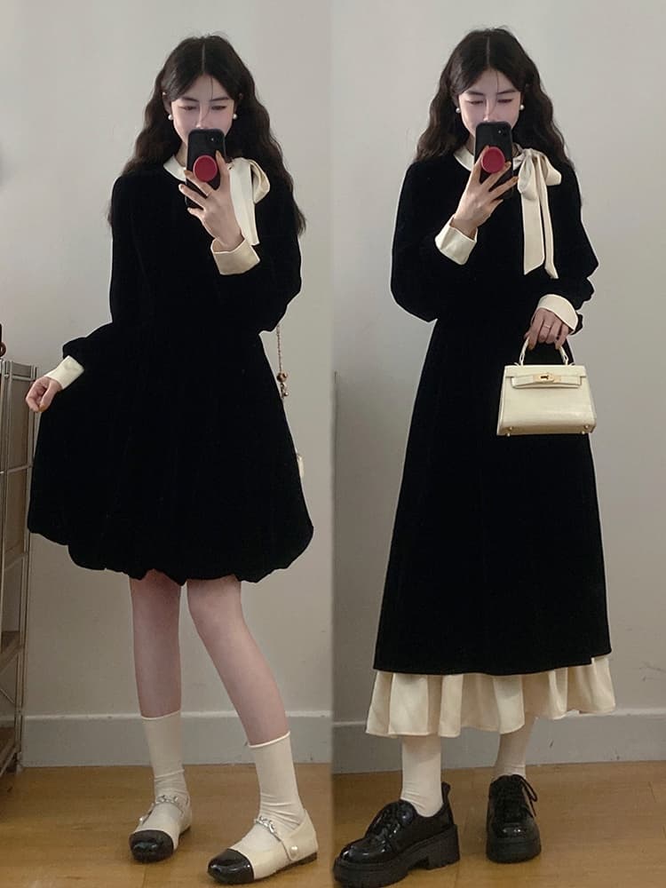 실사 빅 사이즈 여성 의류 2026 가을 새로운 프랑스식 프릴 마이크로 지방 슬림해 보이는 배색 나비 매듭 드레스