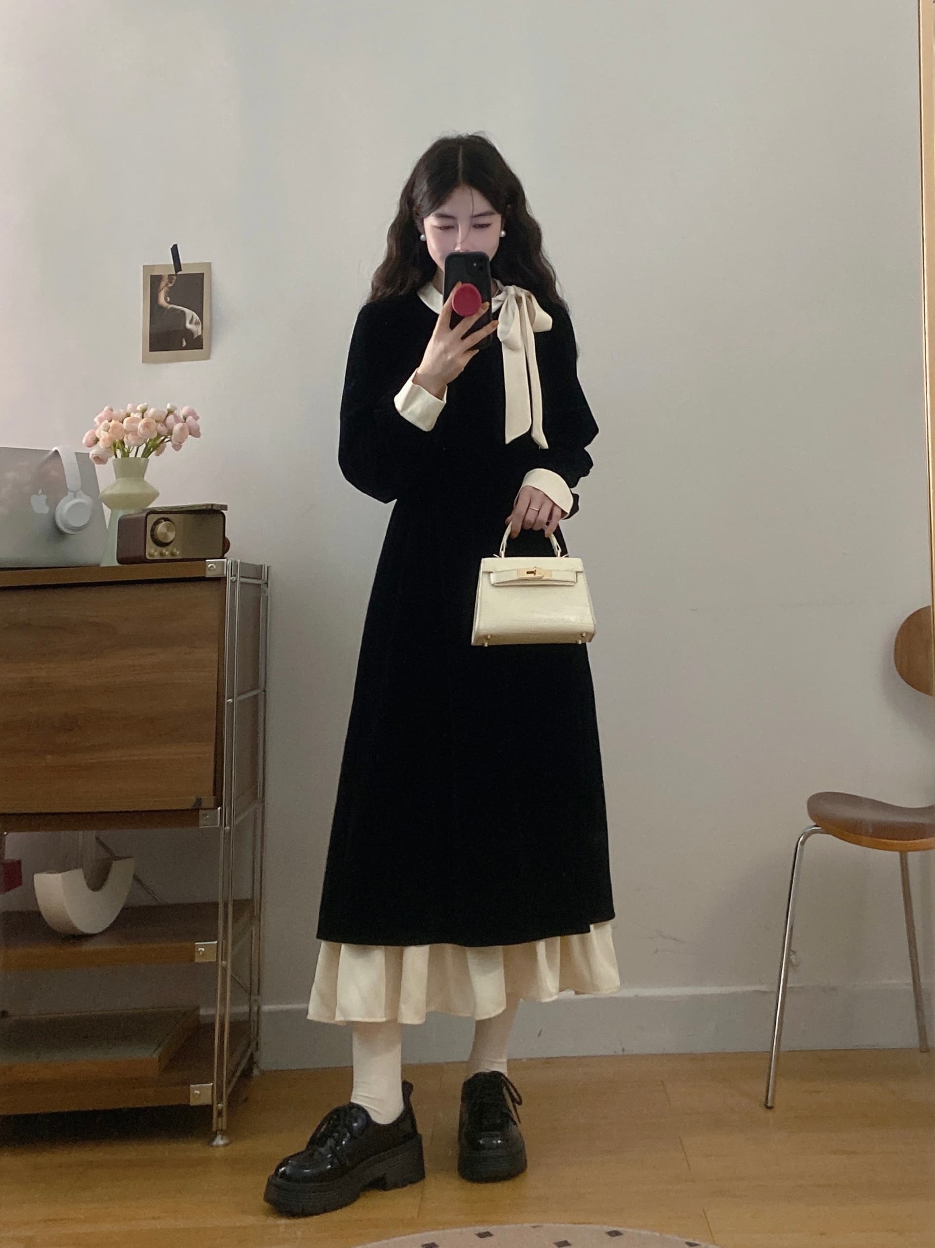 실사 빅 사이즈 여성 의류 2026 가을 새로운 프랑스식 프릴 마이크로 지방 슬림해 보이는 배색 나비 매듭 드레스 이미지 4