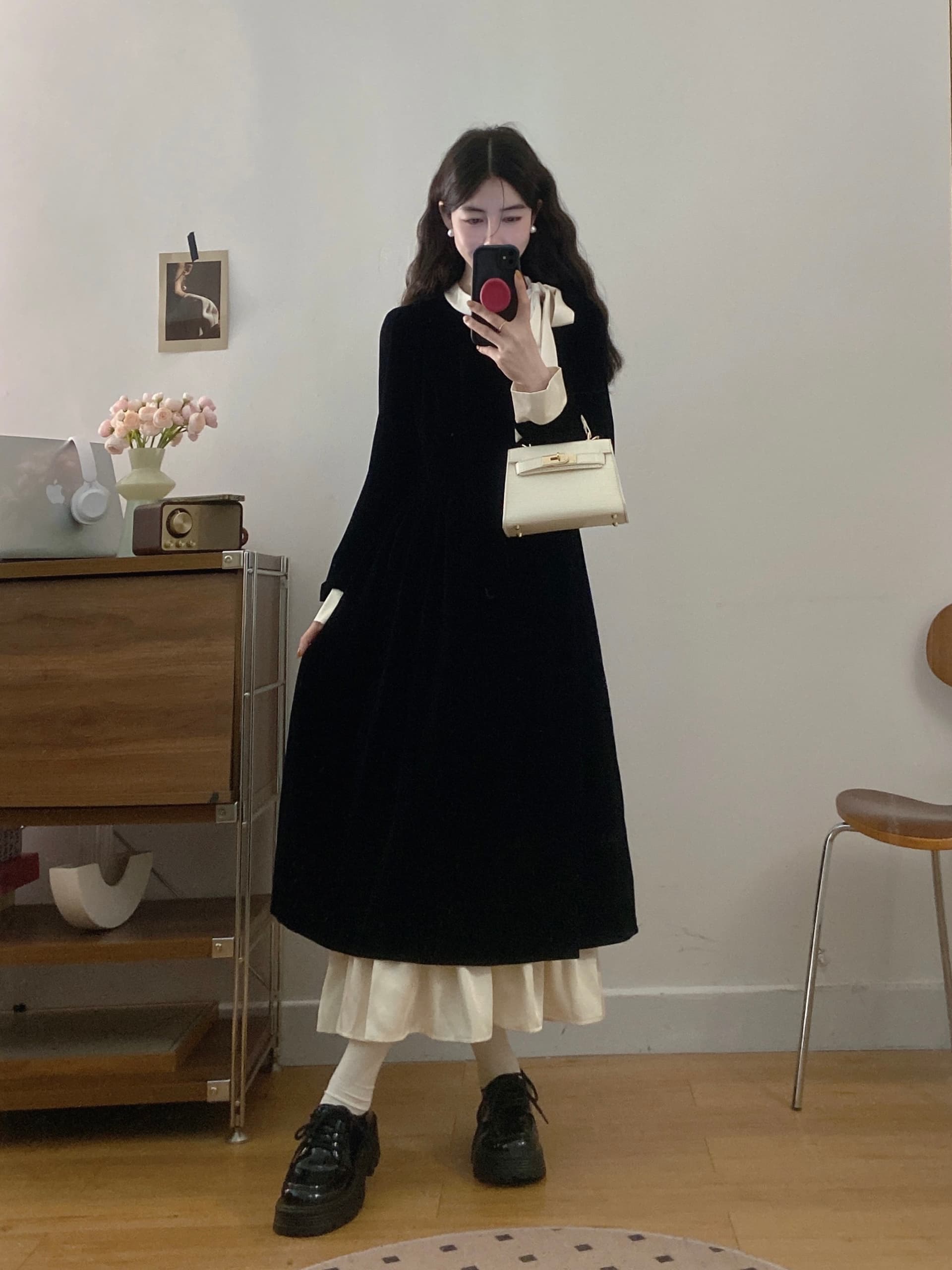 실사 빅 사이즈 여성 의류 2026 가을 새로운 프랑스식 프릴 마이크로 지방 슬림해 보이는 배색 나비 매듭 드레스 상세 이미지 3