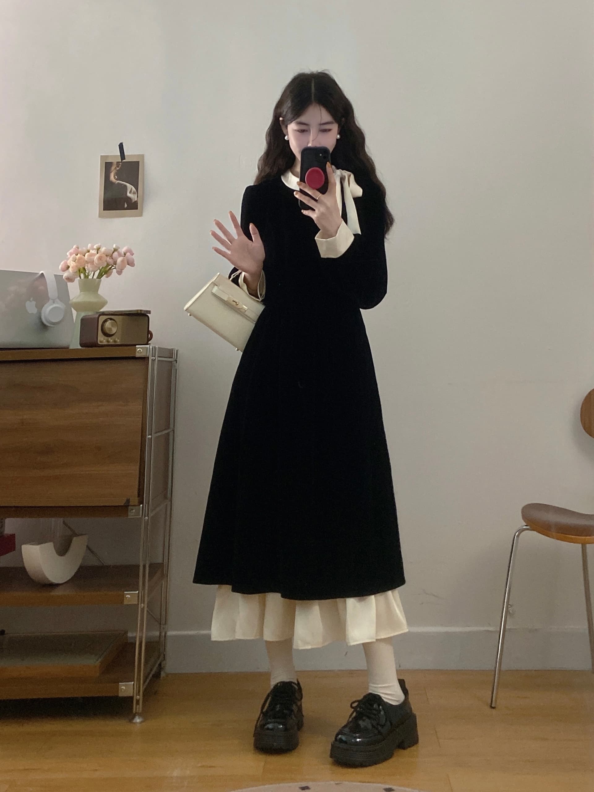 실사 빅 사이즈 여성 의류 2026 가을 새로운 프랑스식 프릴 마이크로 지방 슬림해 보이는 배색 나비 매듭 드레스 상세 이미지 4