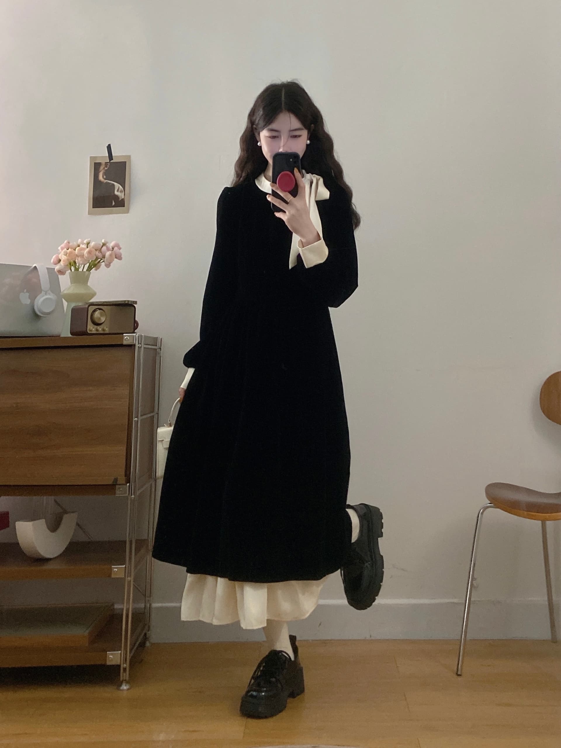 실사 빅 사이즈 여성 의류 2026 가을 새로운 프랑스식 프릴 마이크로 지방 슬림해 보이는 배색 나비 매듭 드레스 상세 이미지 6