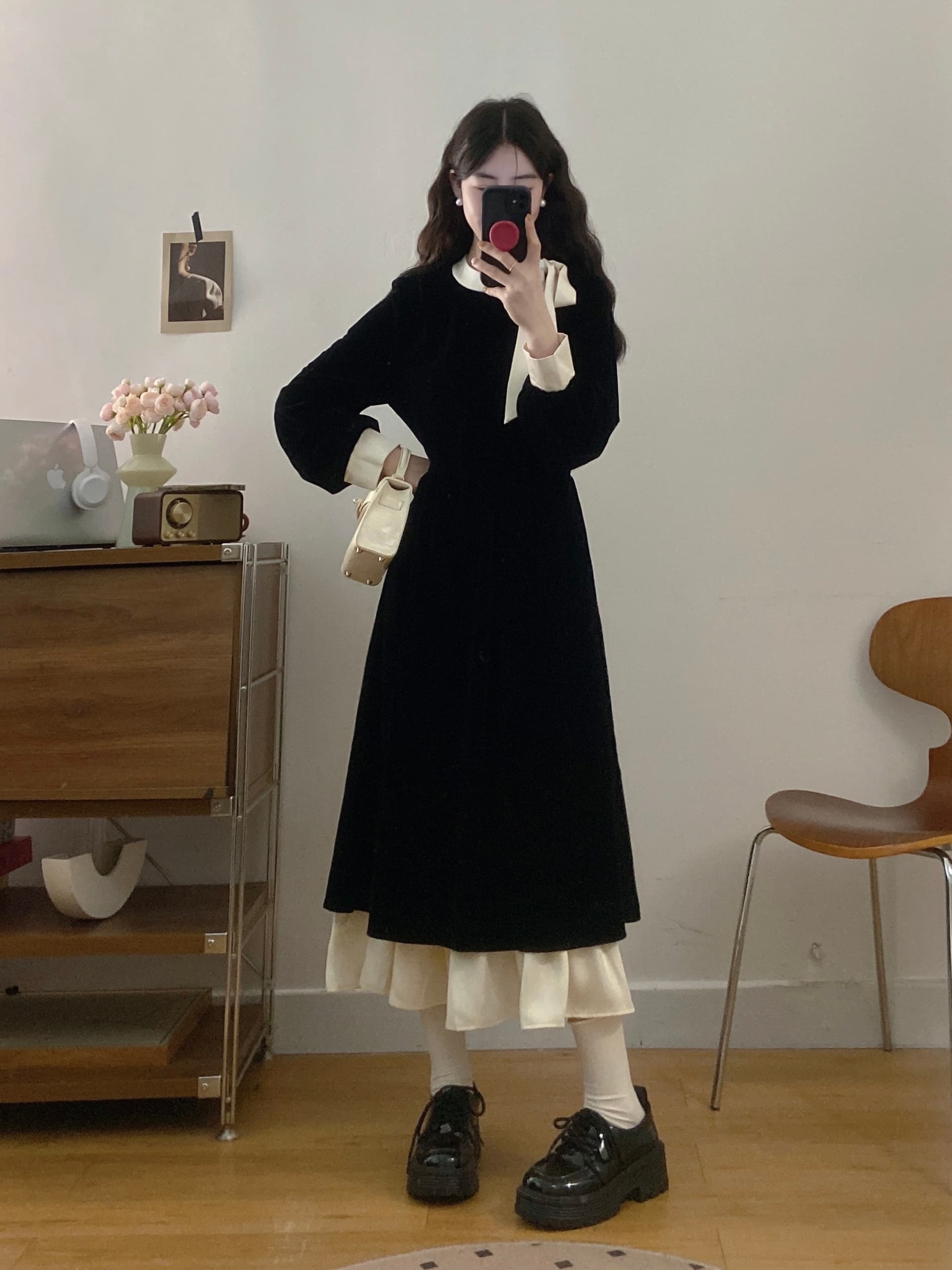 실사 빅 사이즈 여성 의류 2026 가을 새로운 프랑스식 프릴 마이크로 지방 슬림해 보이는 배색 나비 매듭 드레스 상세 이미지 9