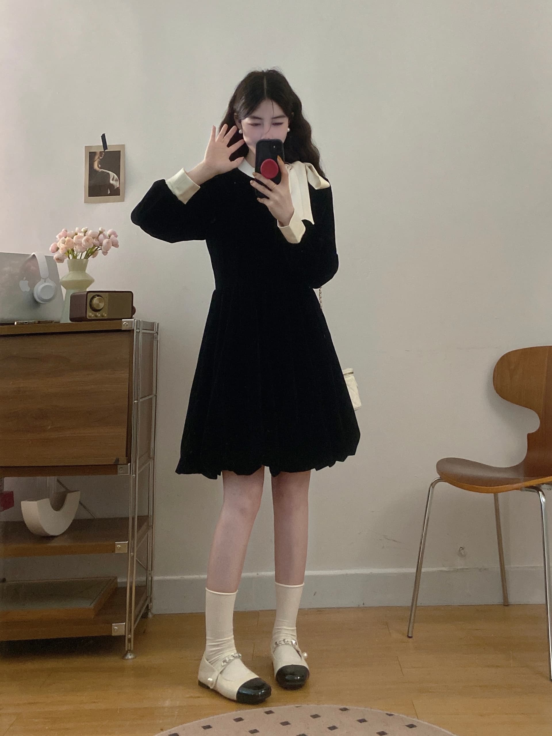 실사 빅 사이즈 여성 의류 2026 가을 새로운 프랑스식 프릴 마이크로 지방 슬림해 보이는 배색 나비 매듭 드레스 상세 이미지 12