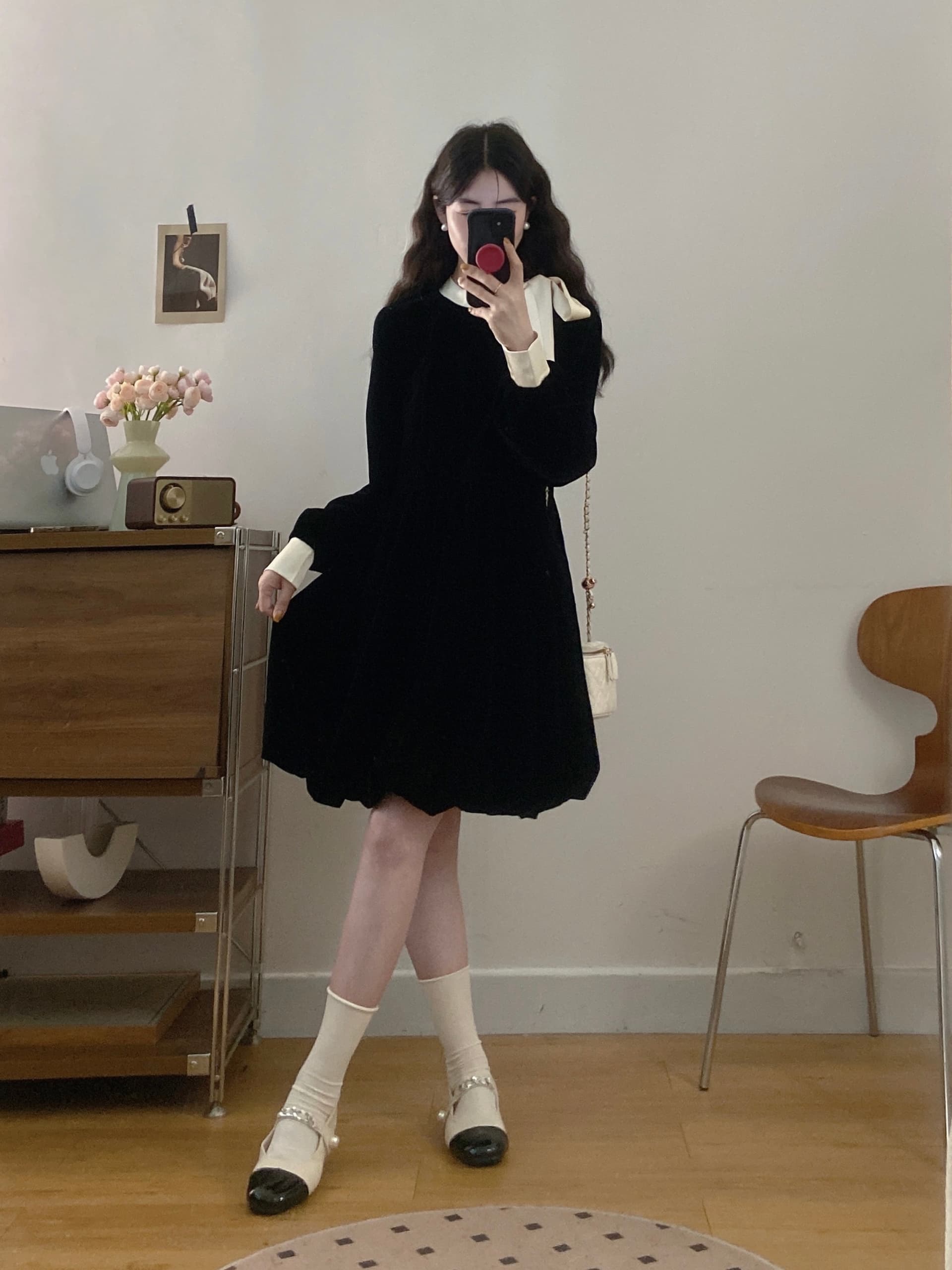실사 빅 사이즈 여성 의류 2026 가을 새로운 프랑스식 프릴 마이크로 지방 슬림해 보이는 배색 나비 매듭 드레스 상세 이미지 13