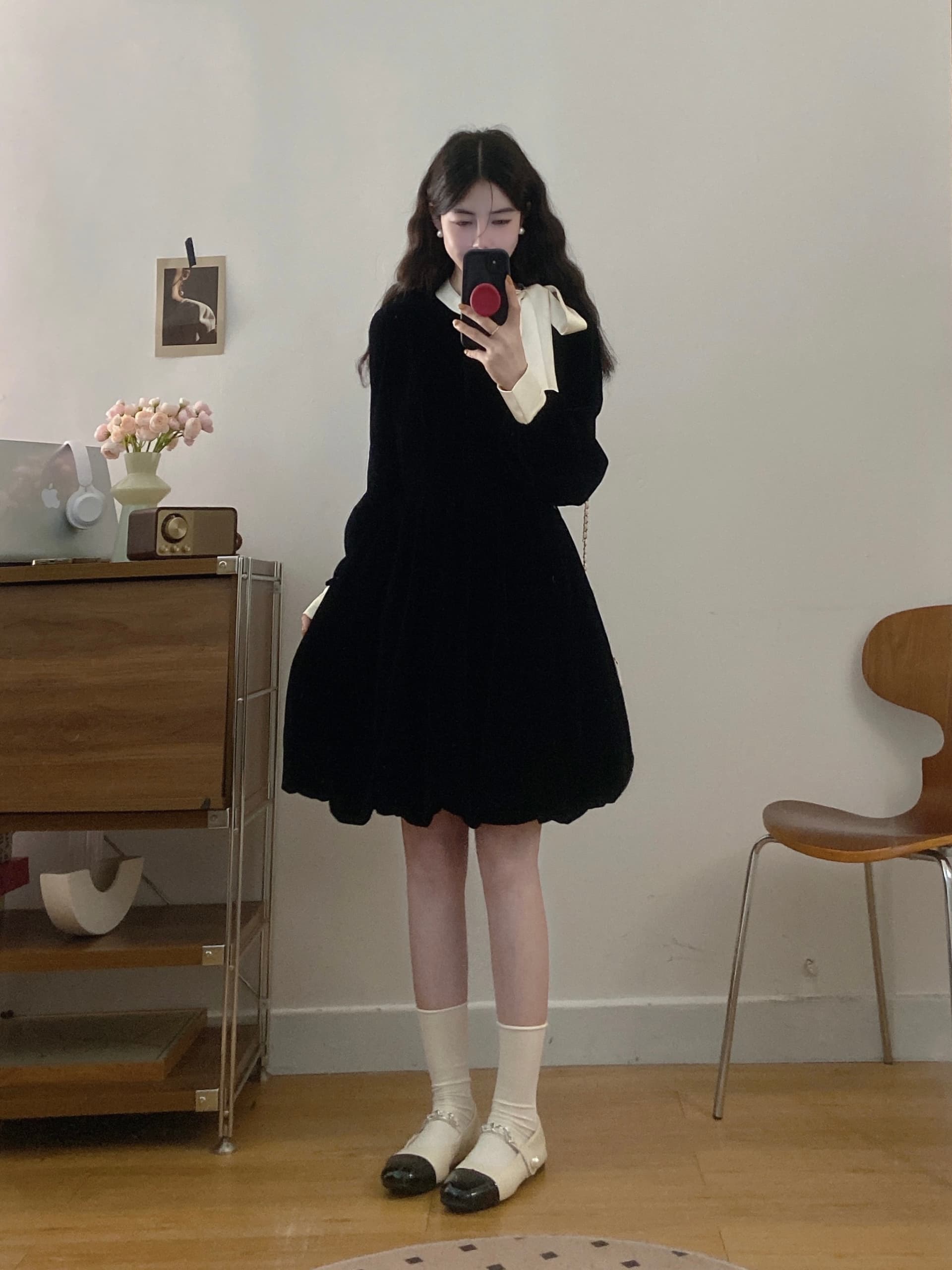 실사 빅 사이즈 여성 의류 2026 가을 새로운 프랑스식 프릴 마이크로 지방 슬림해 보이는 배색 나비 매듭 드레스 상세 이미지 14