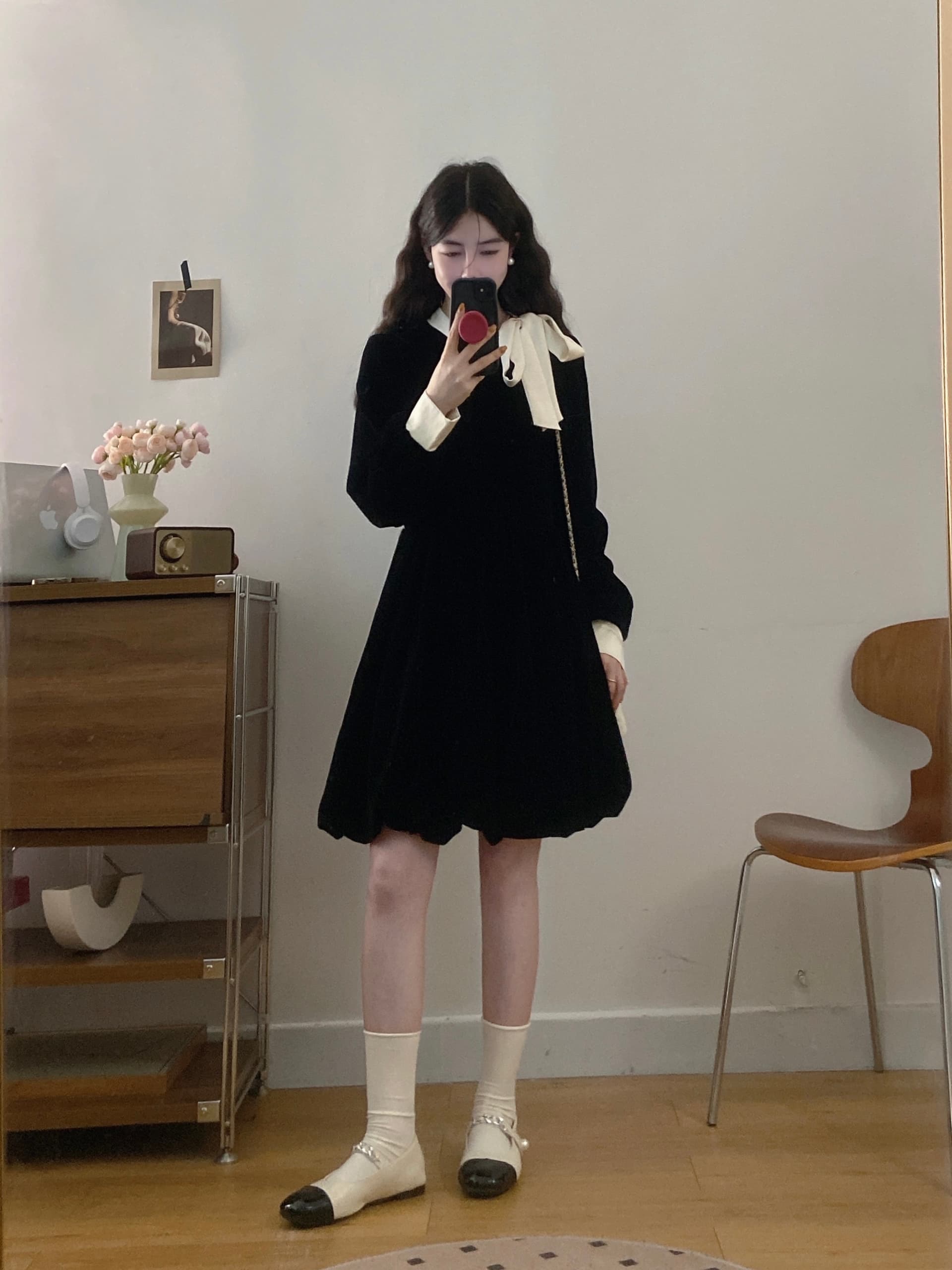 실사 빅 사이즈 여성 의류 2026 가을 새로운 프랑스식 프릴 마이크로 지방 슬림해 보이는 배색 나비 매듭 드레스 상세 이미지 15