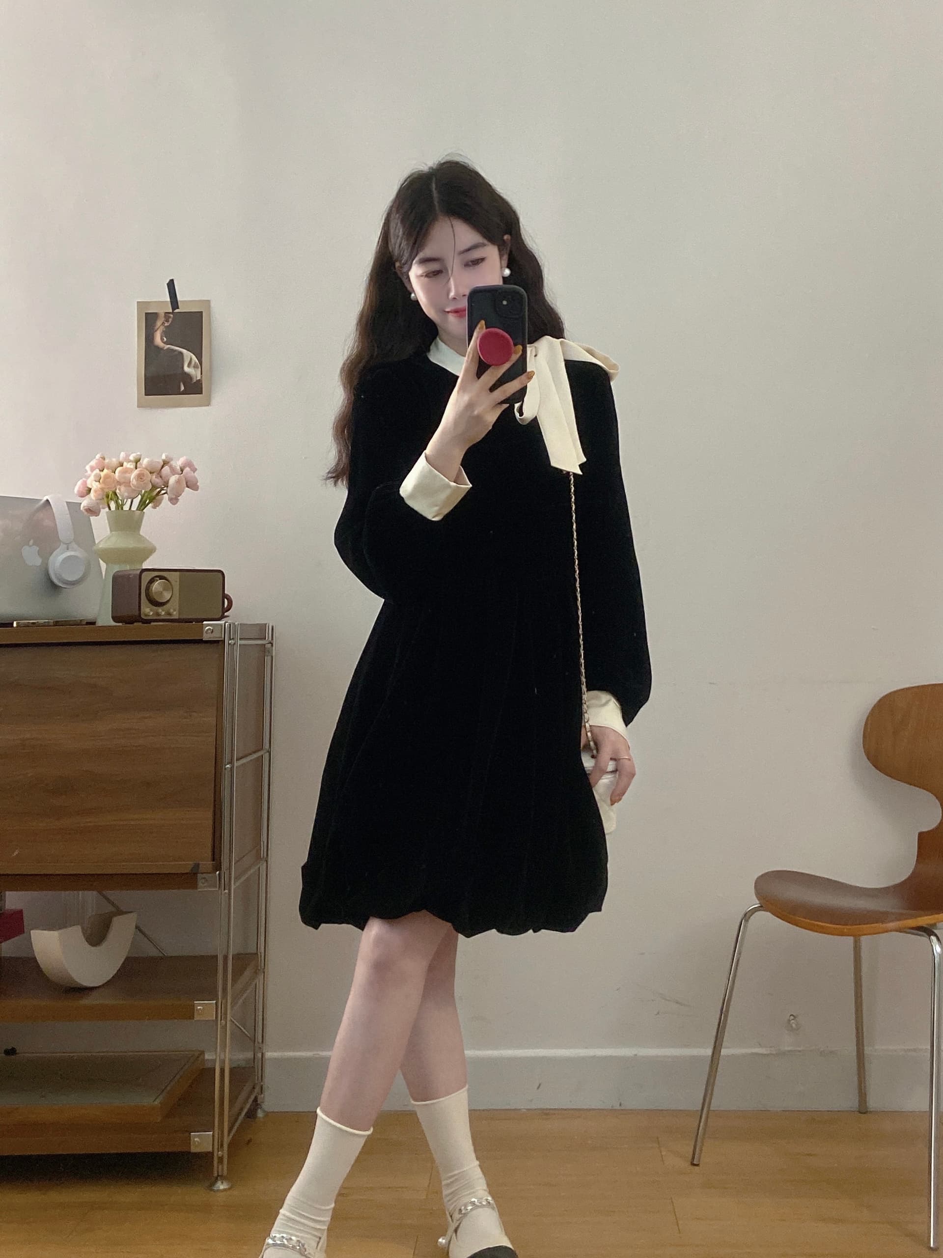 실사 빅 사이즈 여성 의류 2026 가을 새로운 프랑스식 프릴 마이크로 지방 슬림해 보이는 배색 나비 매듭 드레스 상세 이미지 16