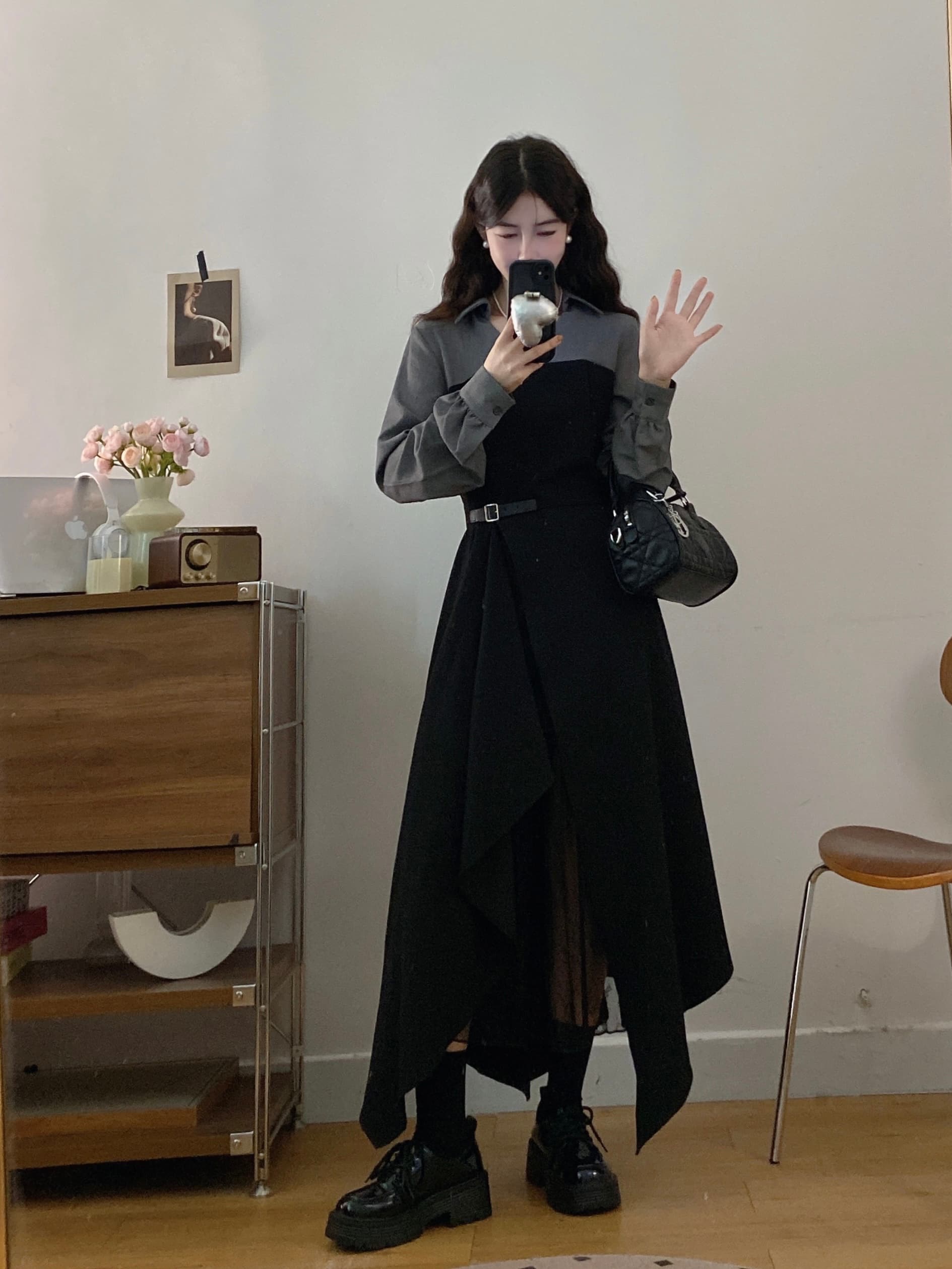 실사 빅 사이즈 여성 의류 2026 가을 새로운 지방 mm V넥 페이크 레이어드 패치워크 레이스 긴팔 드레스 상세 이미지 7