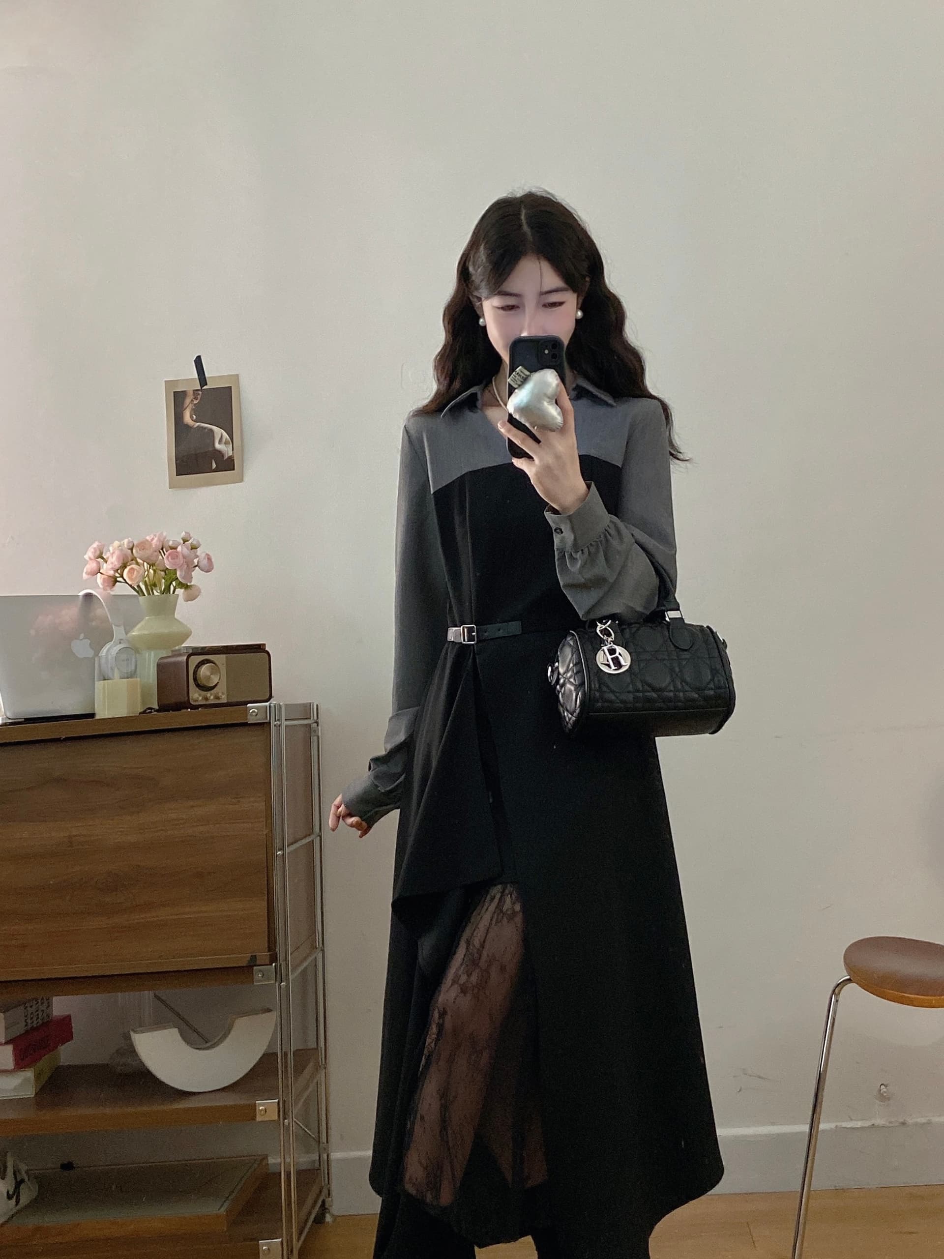 실사 빅 사이즈 여성 의류 2026 가을 새로운 지방 mm V넥 페이크 레이어드 패치워크 레이스 긴팔 드레스 상세 이미지 10