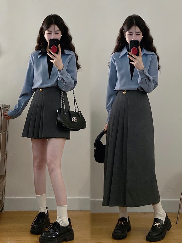 실사 빅 사이즈 여성 의류 2026 가을 새로운 지방 mm 페이크 레이어드 맨위 하이웨이스트 슬림해 보이는 반신 스커트 투피스 세트