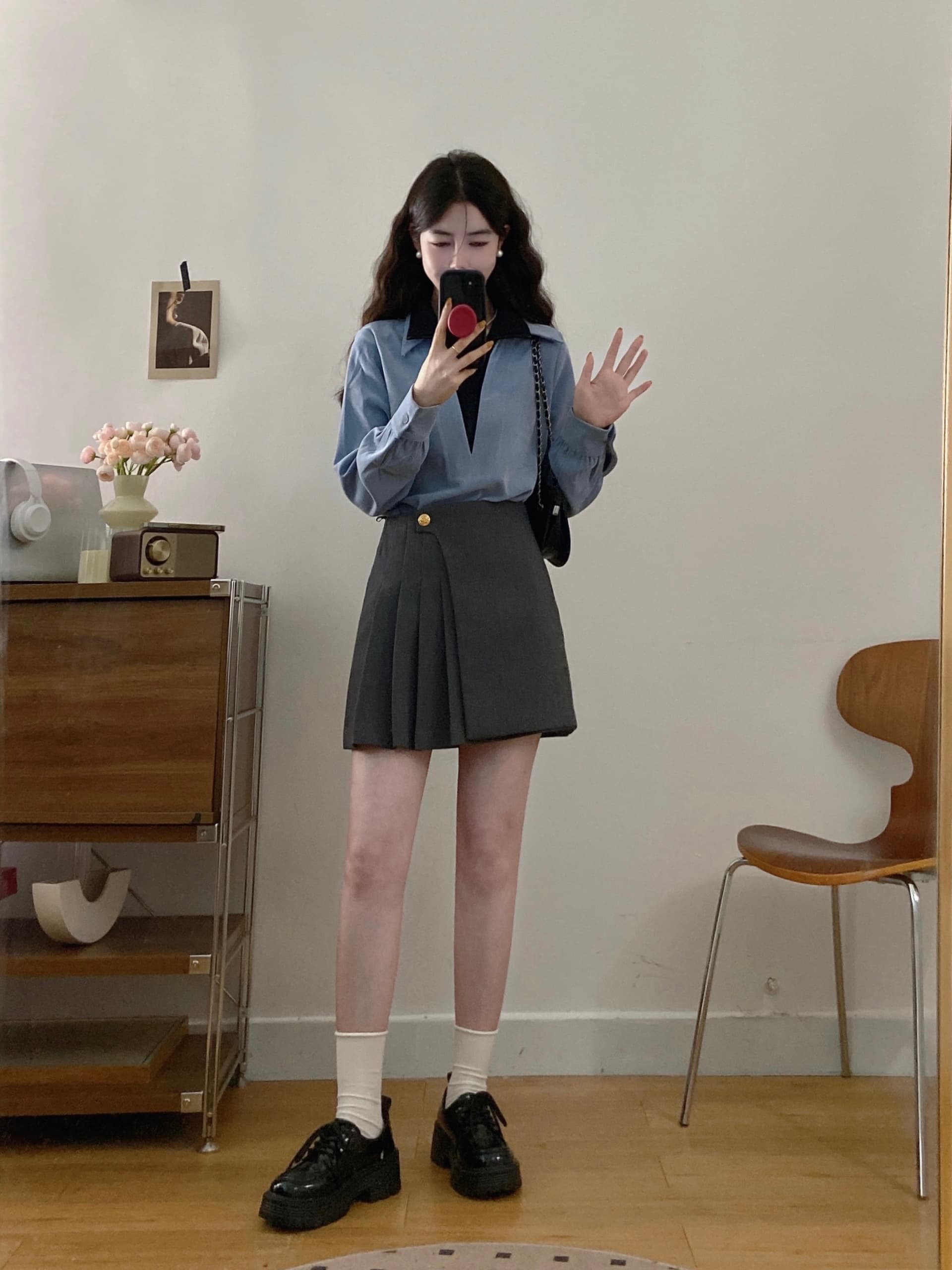실사 빅 사이즈 여성 의류 2026 가을 새로운 지방 mm 페이크 레이어드 맨위 하이웨이스트 슬림해 보이는 반신 스커트 투피스 세트 이미지 2