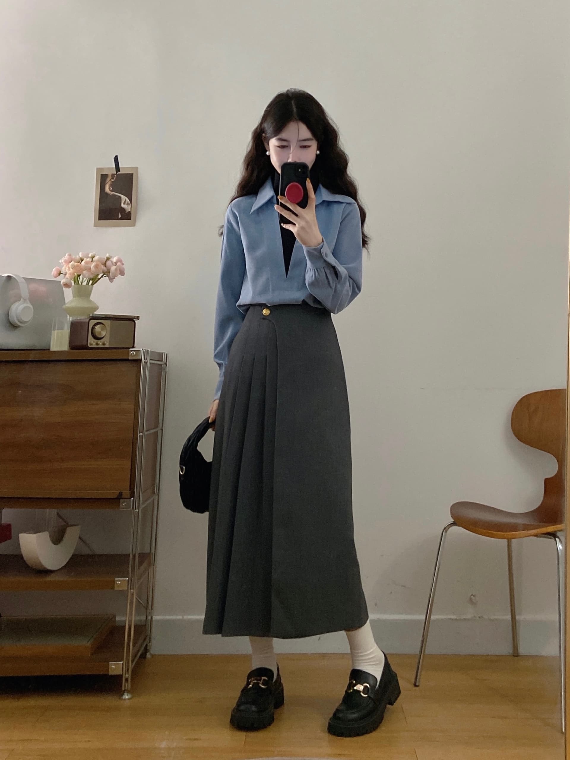 실사 빅 사이즈 여성 의류 2026 가을 새로운 지방 mm 페이크 레이어드 맨위 하이웨이스트 슬림해 보이는 반신 스커트 투피스 세트 이미지 4