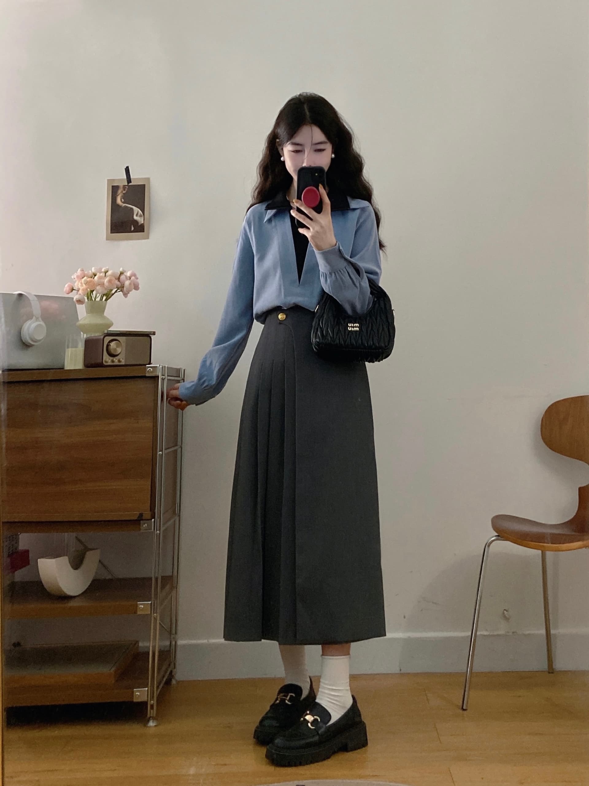 실사 빅 사이즈 여성 의류 2026 가을 새로운 지방 mm 페이크 레이어드 맨위 하이웨이스트 슬림해 보이는 반신 스커트 투피스 세트 상세 이미지 3