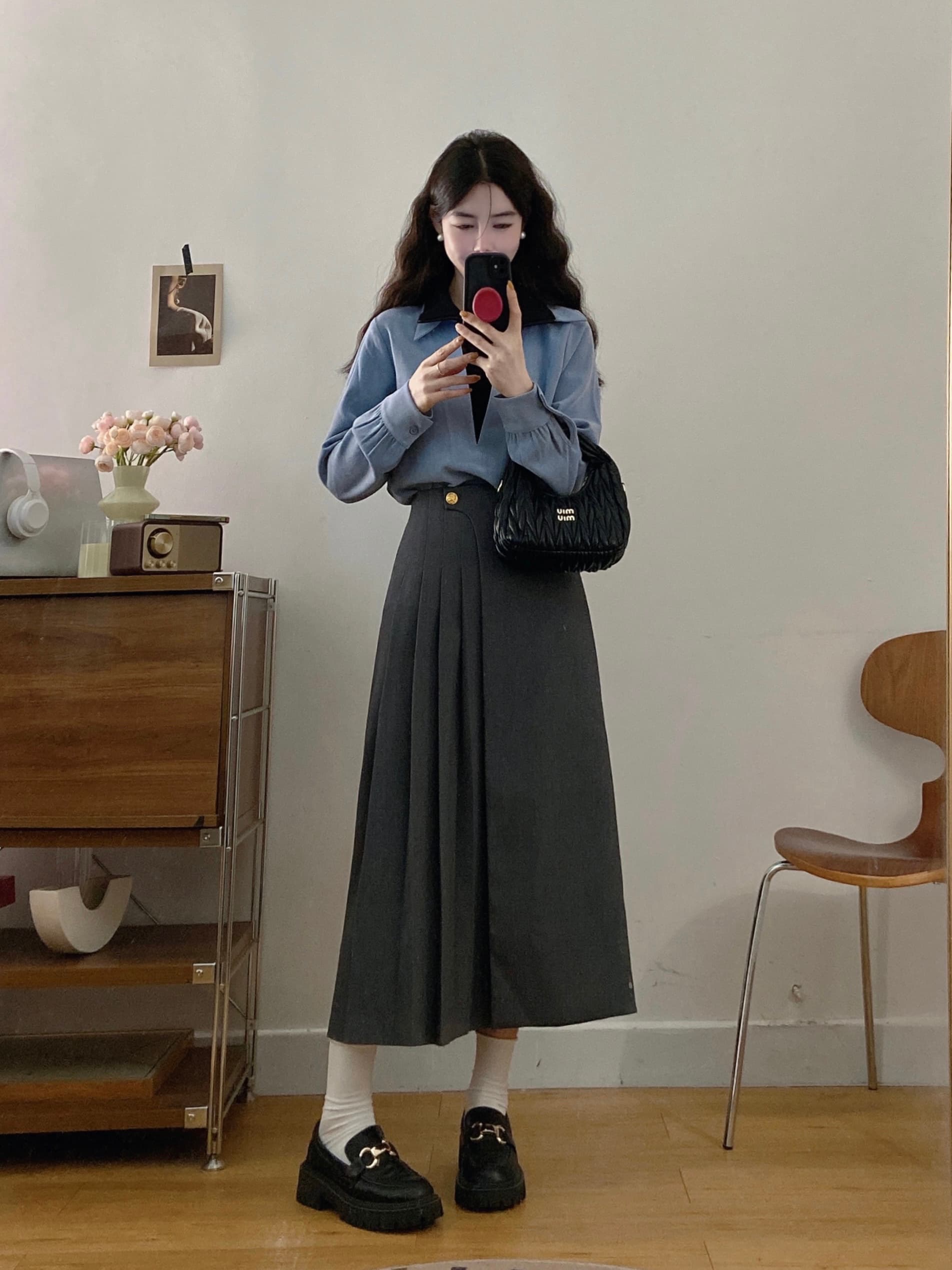 실사 빅 사이즈 여성 의류 2026 가을 새로운 지방 mm 페이크 레이어드 맨위 하이웨이스트 슬림해 보이는 반신 스커트 투피스 세트 상세 이미지 4