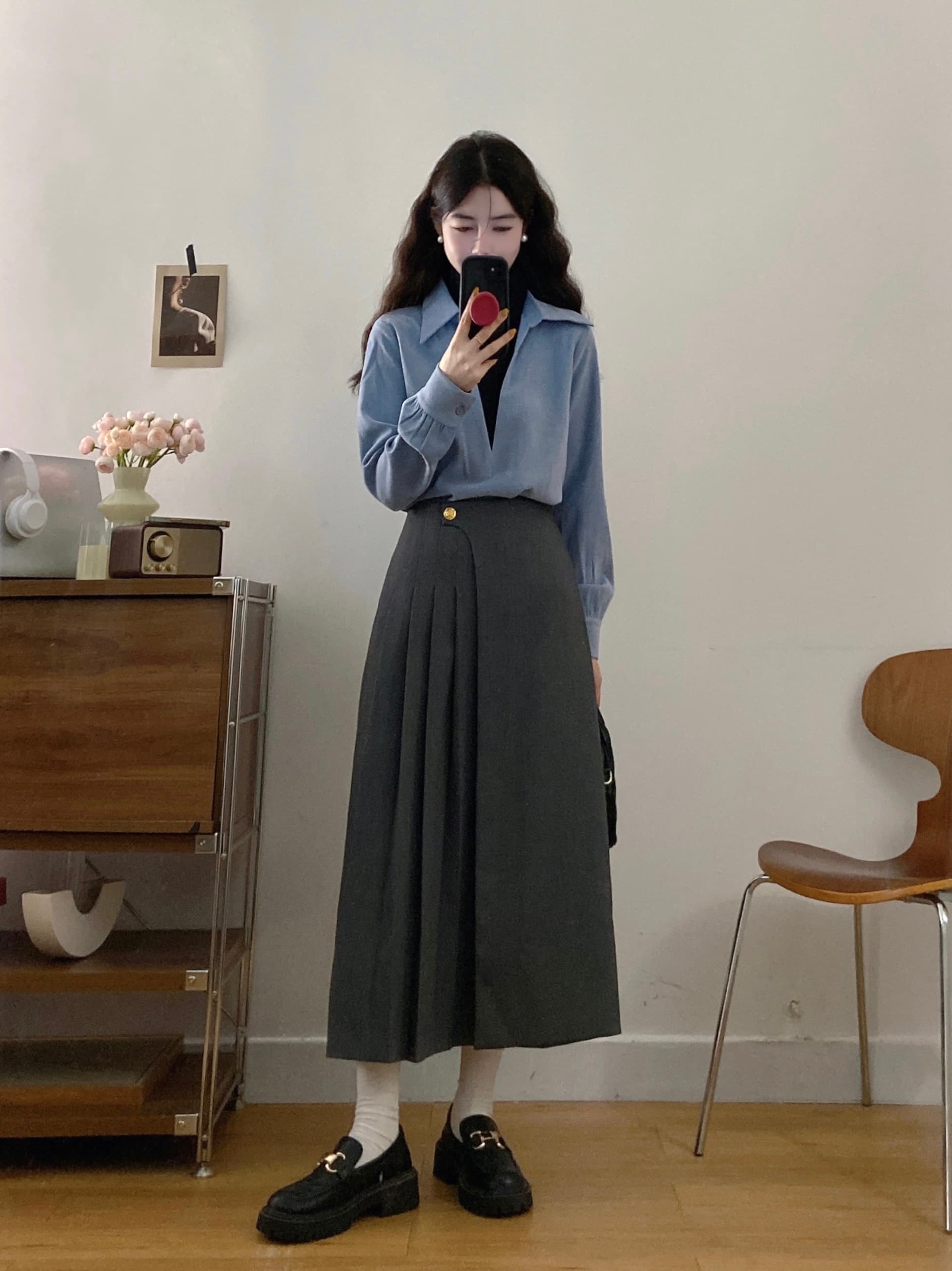 실사 빅 사이즈 여성 의류 2026 가을 새로운 지방 mm 페이크 레이어드 맨위 하이웨이스트 슬림해 보이는 반신 스커트 투피스 세트 상세 이미지 8