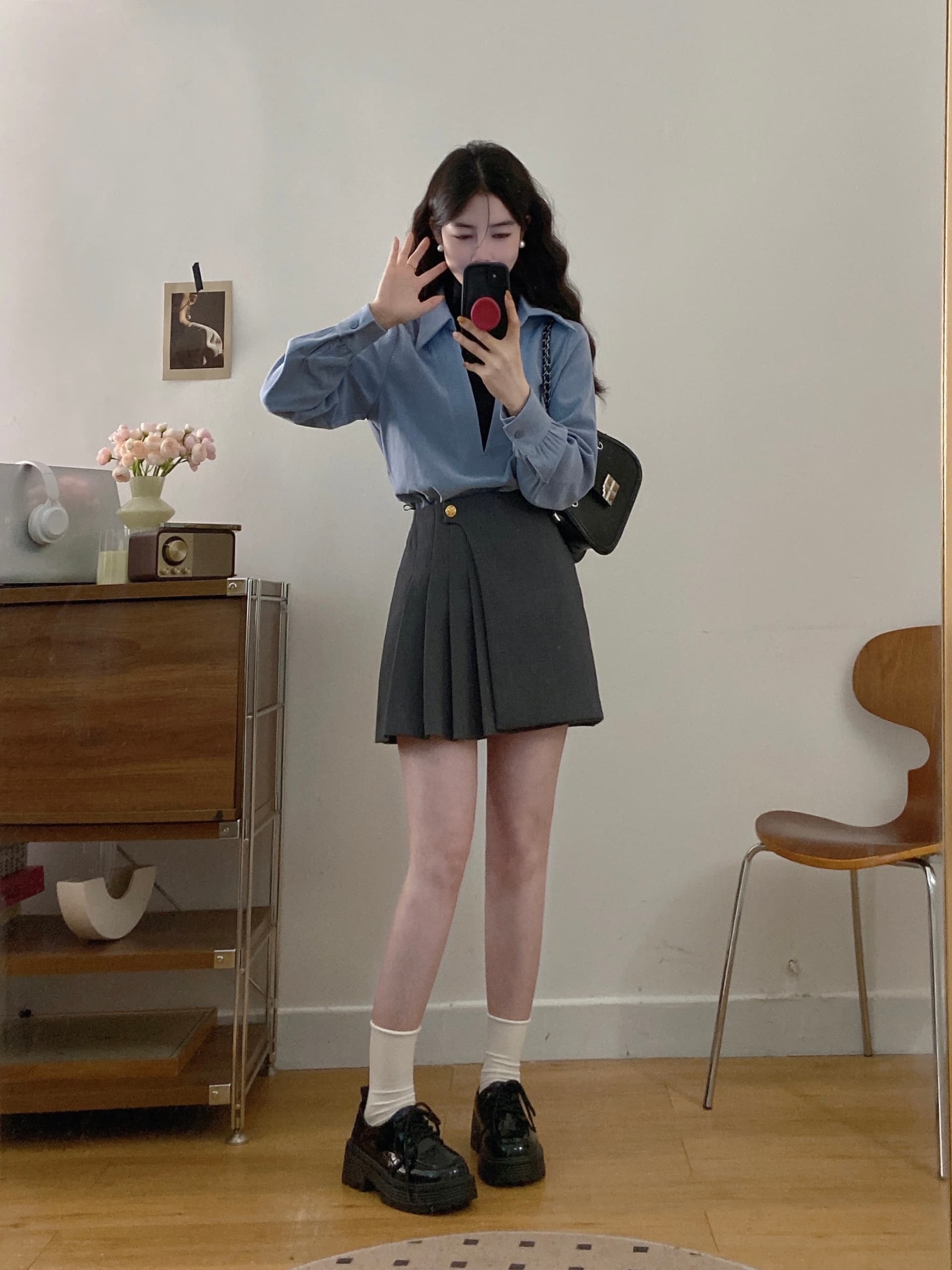 실사 빅 사이즈 여성 의류 2026 가을 새로운 지방 mm 페이크 레이어드 맨위 하이웨이스트 슬림해 보이는 반신 스커트 투피스 세트 상세 이미지 20