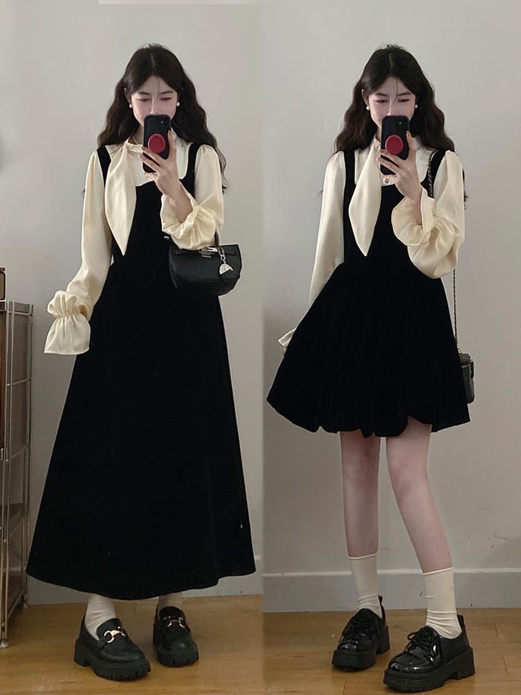 실사 빅 사이즈 여성 의류 2026 가을 새로운 마이크로 지방 mm 천 골드 센스 패치워크 벨벳 작은 검은 드레스 빅 사이즈 드레스 이미지 3