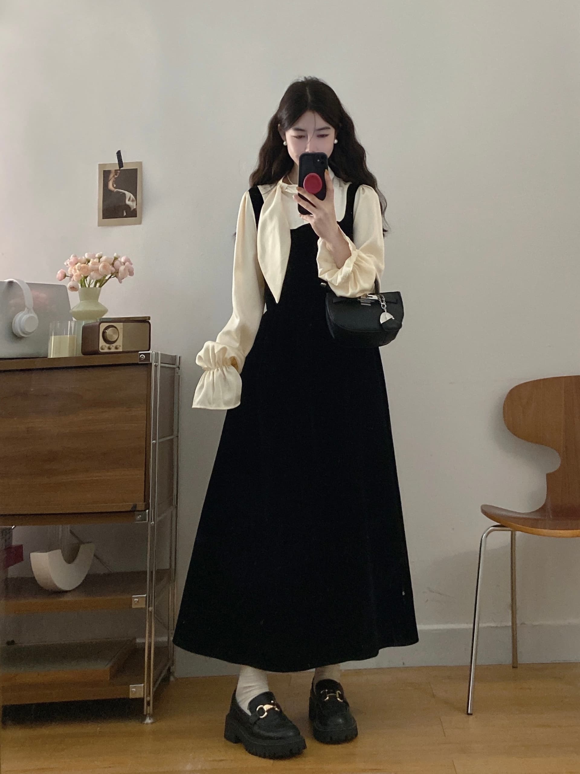 실사 빅 사이즈 여성 의류 2026 가을 새로운 마이크로 지방 mm 천 골드 센스 패치워크 벨벳 작은 검은 드레스 빅 사이즈 드레스 상세 이미지 3