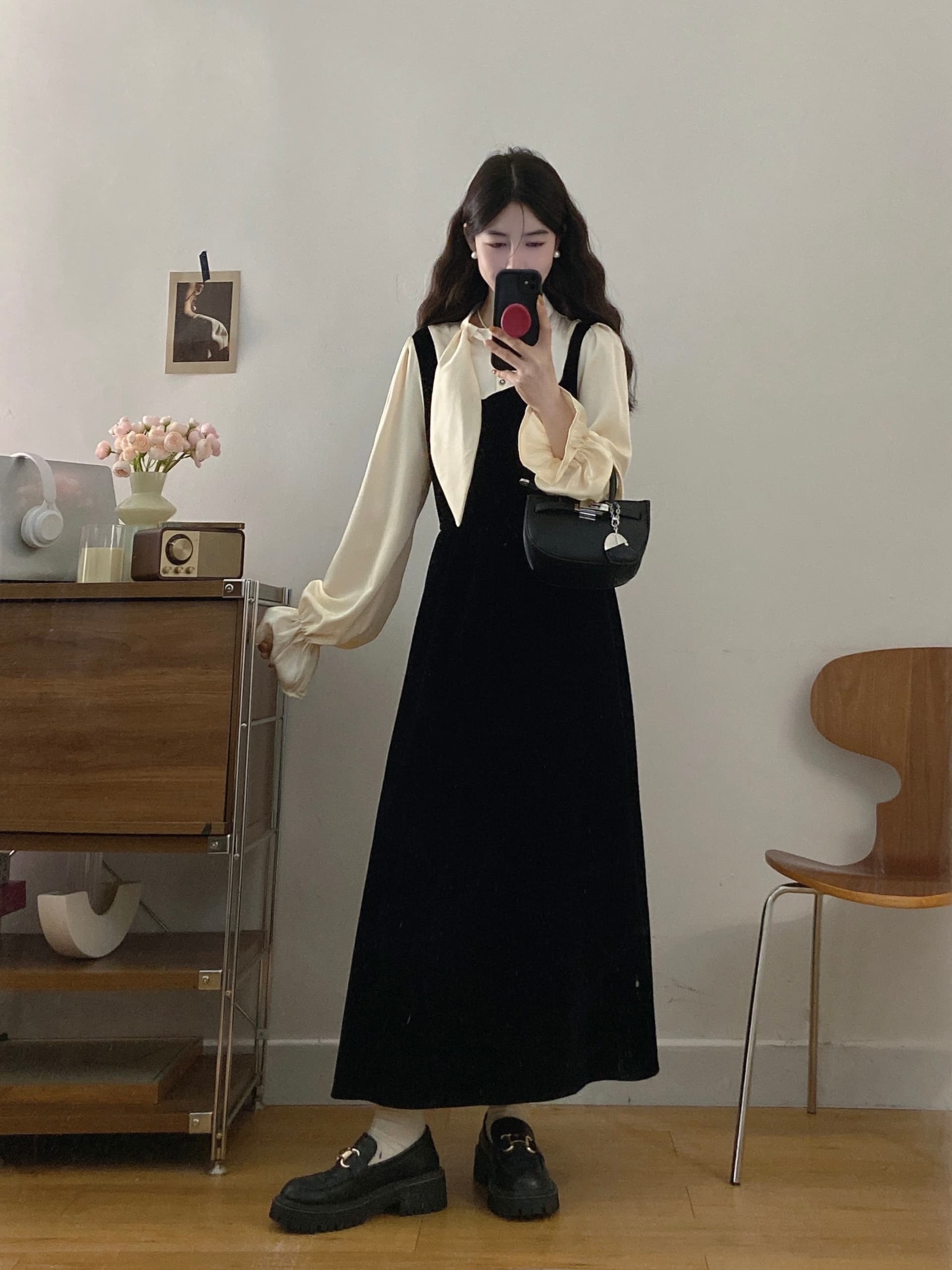 실사 빅 사이즈 여성 의류 2026 가을 새로운 마이크로 지방 mm 천 골드 센스 패치워크 벨벳 작은 검은 드레스 빅 사이즈 드레스 상세 이미지 5