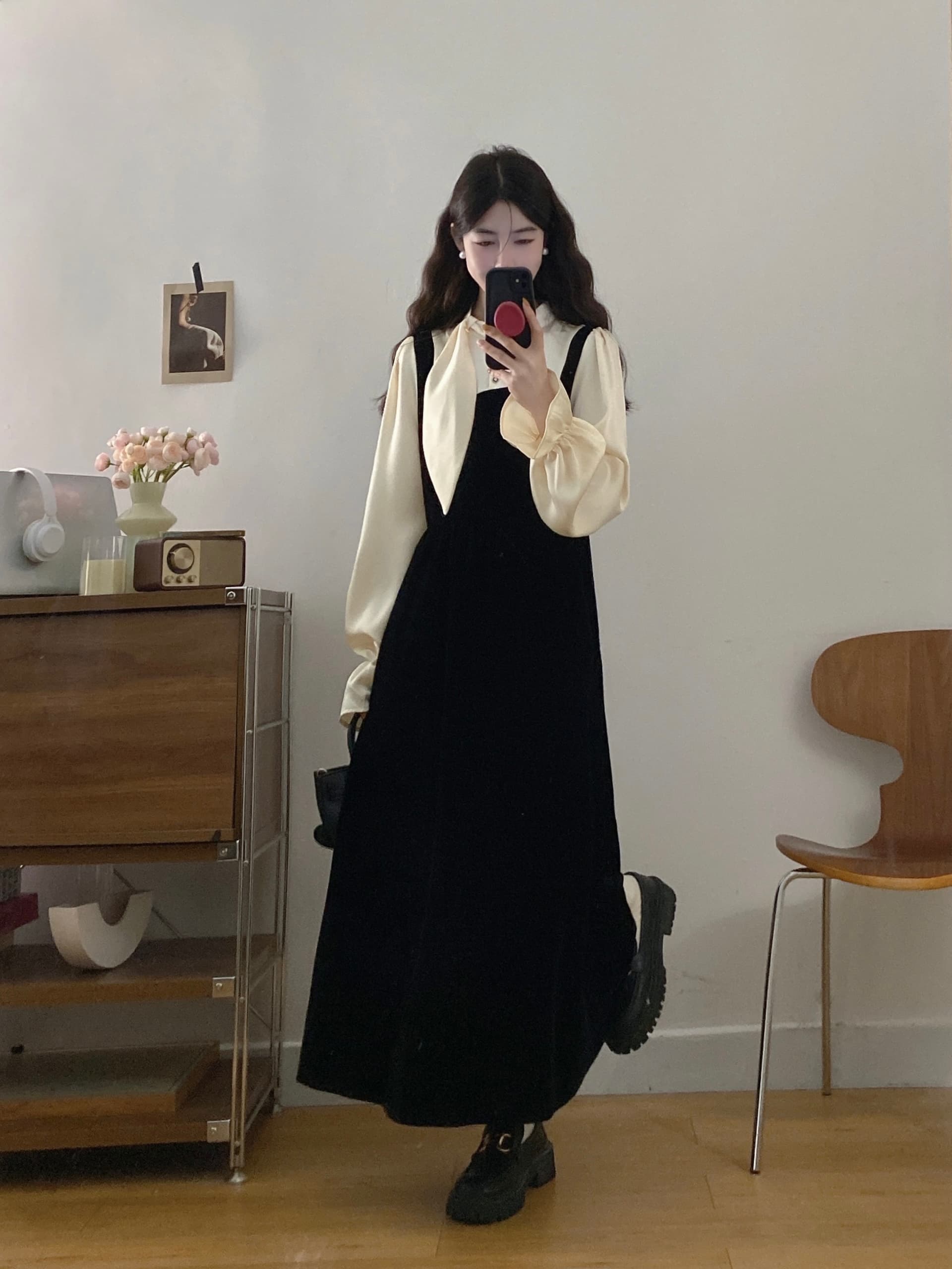 실사 빅 사이즈 여성 의류 2026 가을 새로운 마이크로 지방 mm 천 골드 센스 패치워크 벨벳 작은 검은 드레스 빅 사이즈 드레스 상세 이미지 6