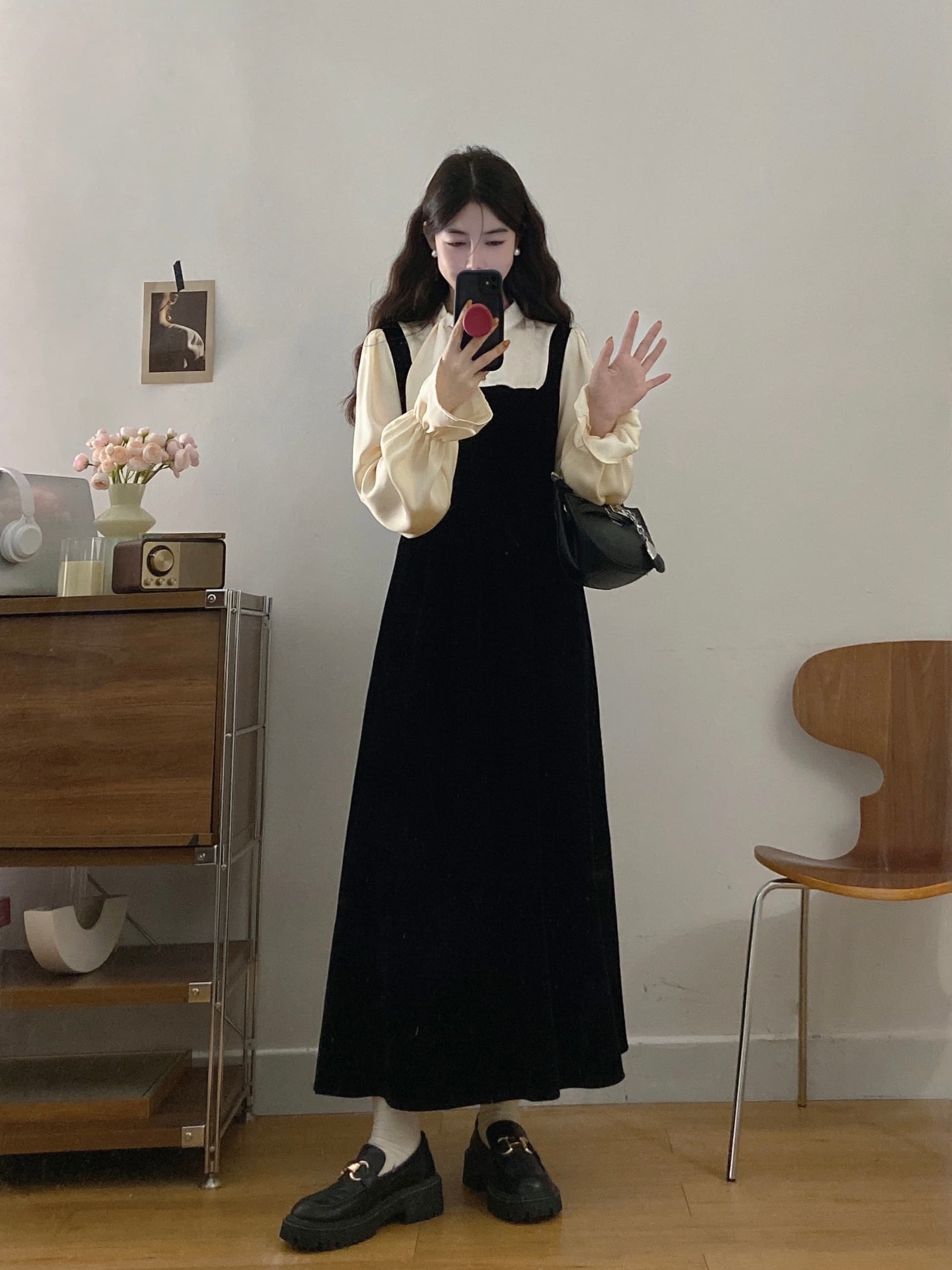 실사 빅 사이즈 여성 의류 2026 가을 새로운 마이크로 지방 mm 천 골드 센스 패치워크 벨벳 작은 검은 드레스 빅 사이즈 드레스 상세 이미지 7