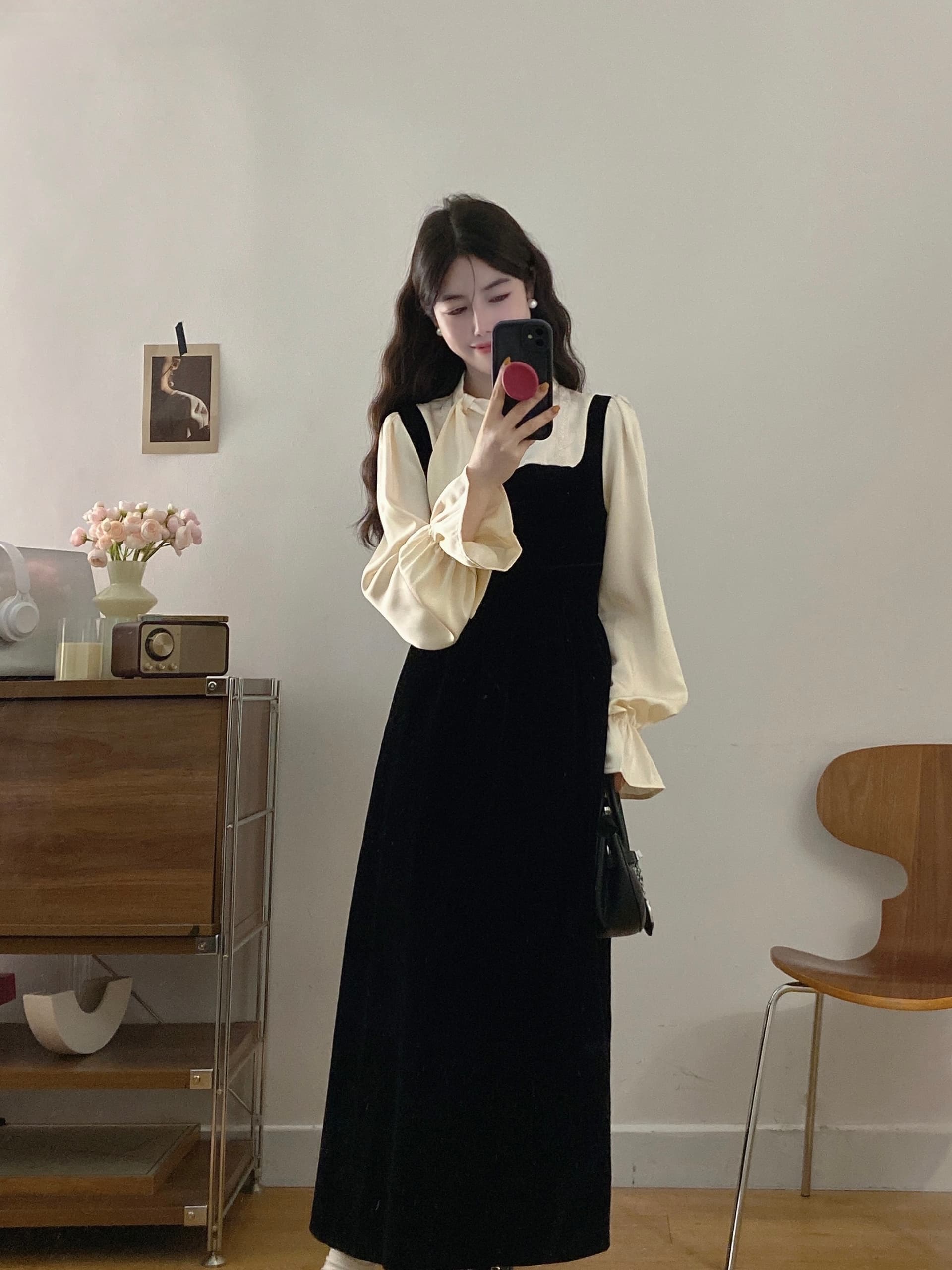 실사 빅 사이즈 여성 의류 2026 가을 새로운 마이크로 지방 mm 천 골드 센스 패치워크 벨벳 작은 검은 드레스 빅 사이즈 드레스 상세 이미지 8