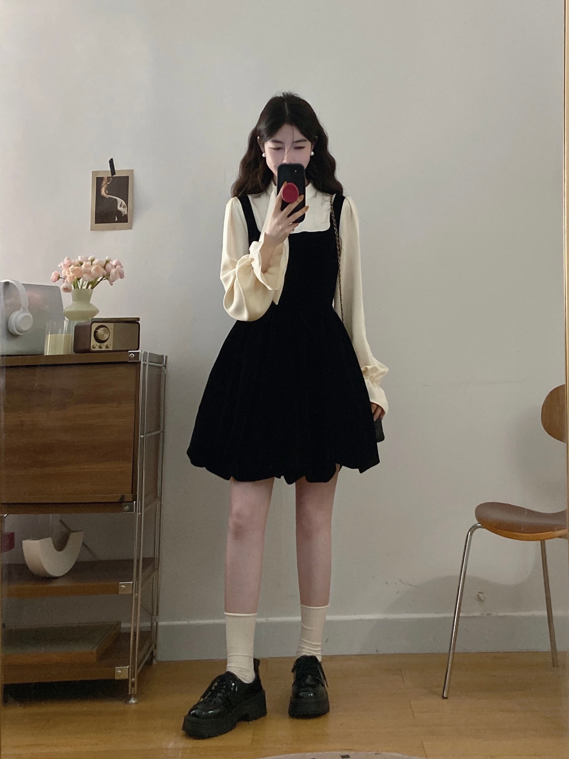실사 빅 사이즈 여성 의류 2026 가을 새로운 마이크로 지방 mm 천 골드 센스 패치워크 벨벳 작은 검은 드레스 빅 사이즈 드레스 상세 이미지 13