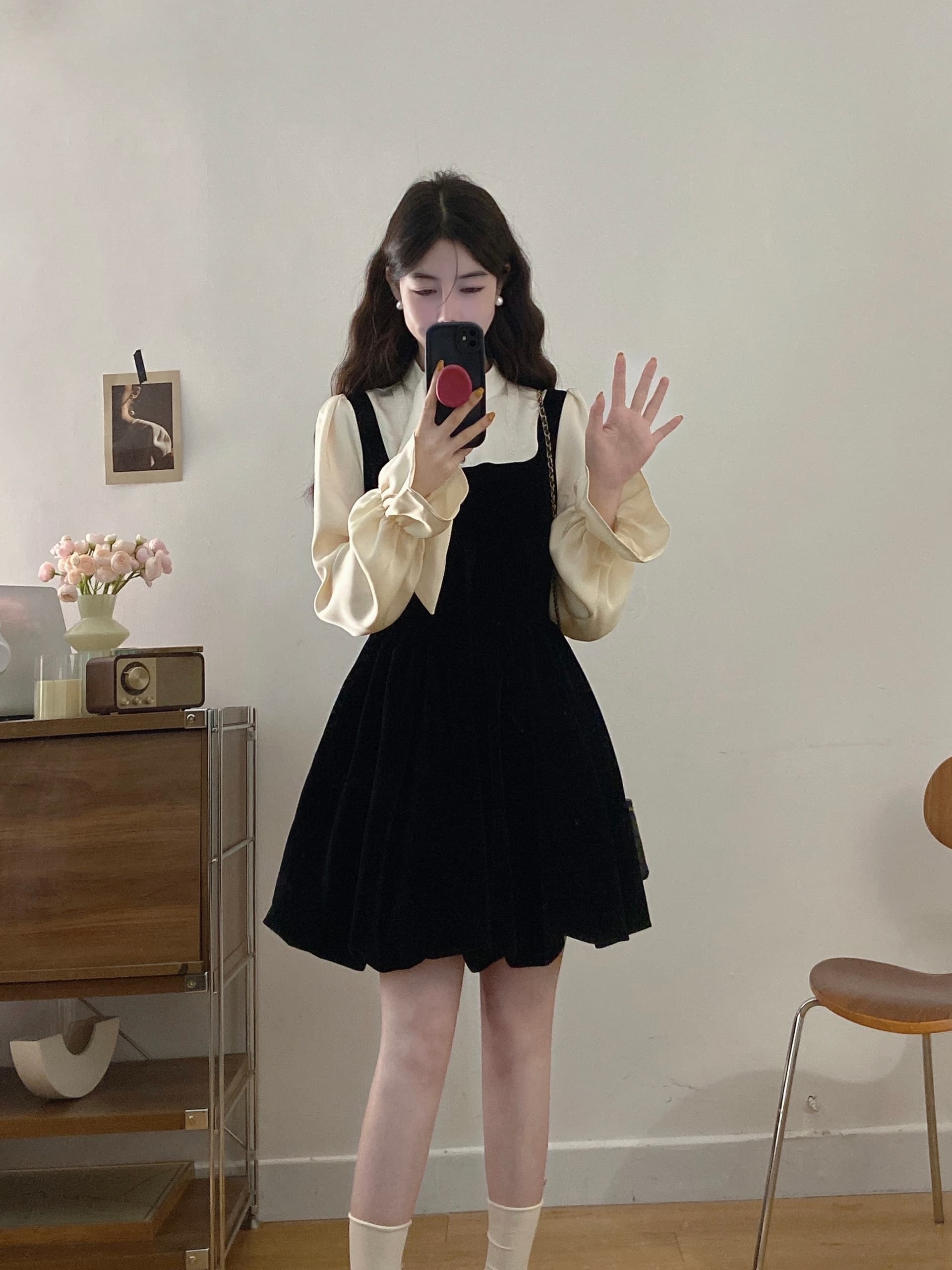 실사 빅 사이즈 여성 의류 2026 가을 새로운 마이크로 지방 mm 천 골드 센스 패치워크 벨벳 작은 검은 드레스 빅 사이즈 드레스 상세 이미지 15