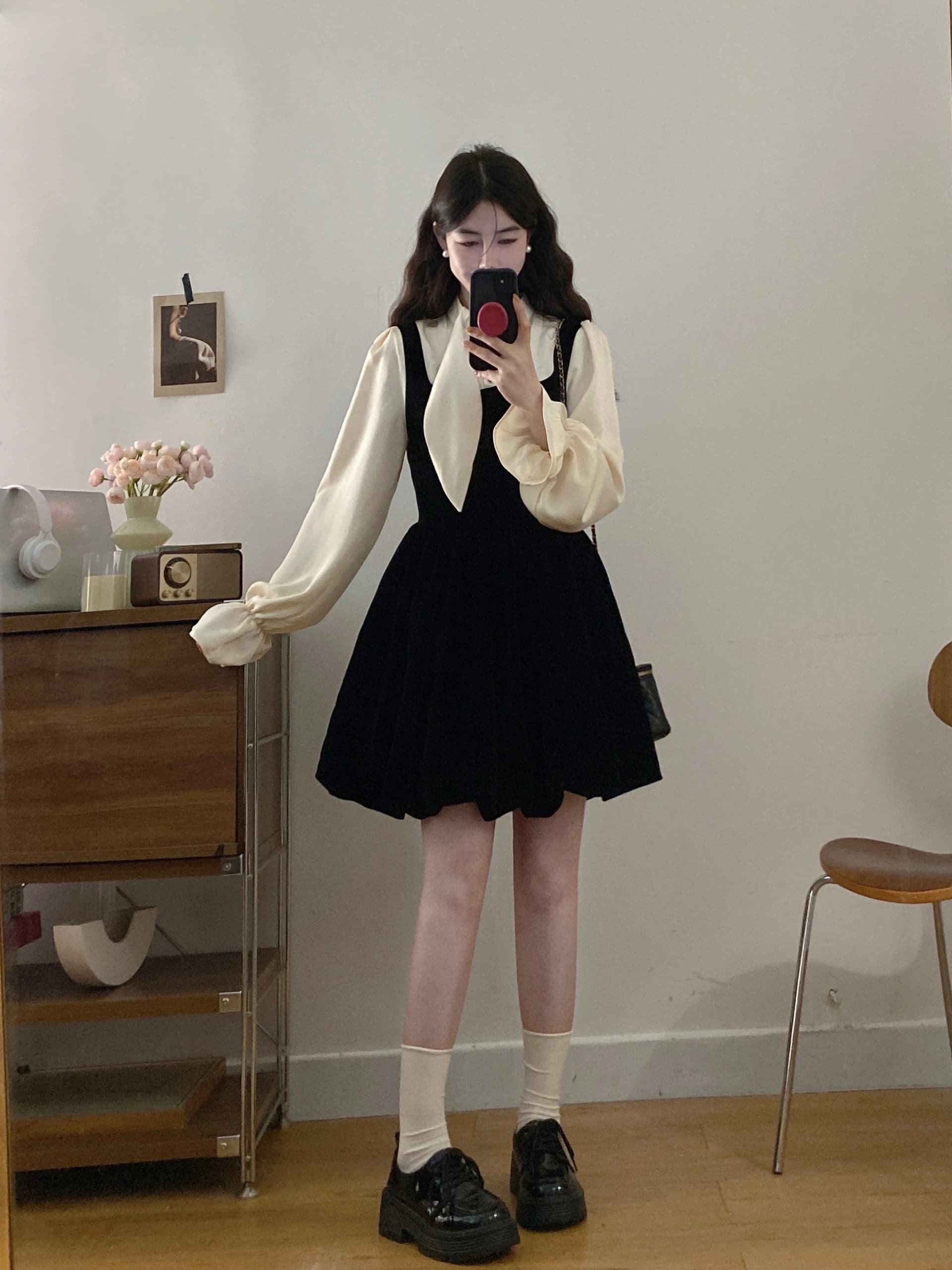 실사 빅 사이즈 여성 의류 2026 가을 새로운 마이크로 지방 mm 천 골드 센스 패치워크 벨벳 작은 검은 드레스 빅 사이즈 드레스 상세 이미지 16