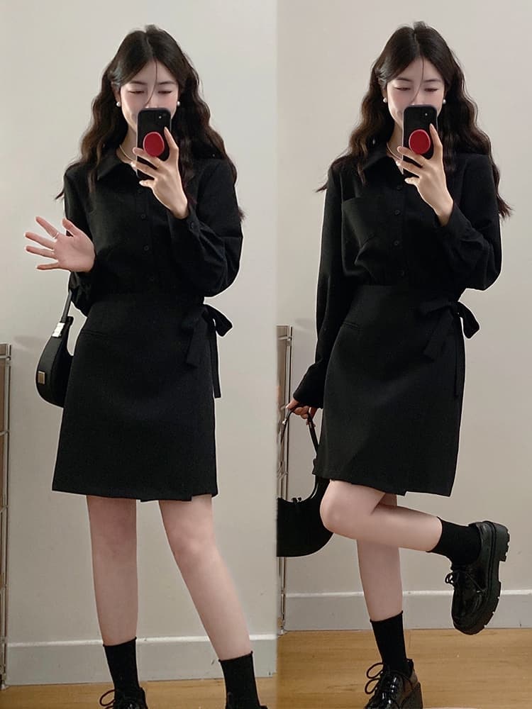 실사 빅 사이즈 여성 의류 2026 가을 새로운 지방 mm 표지 고기 슬림해 보이는 페이크 레이어드 셔츠 드레스