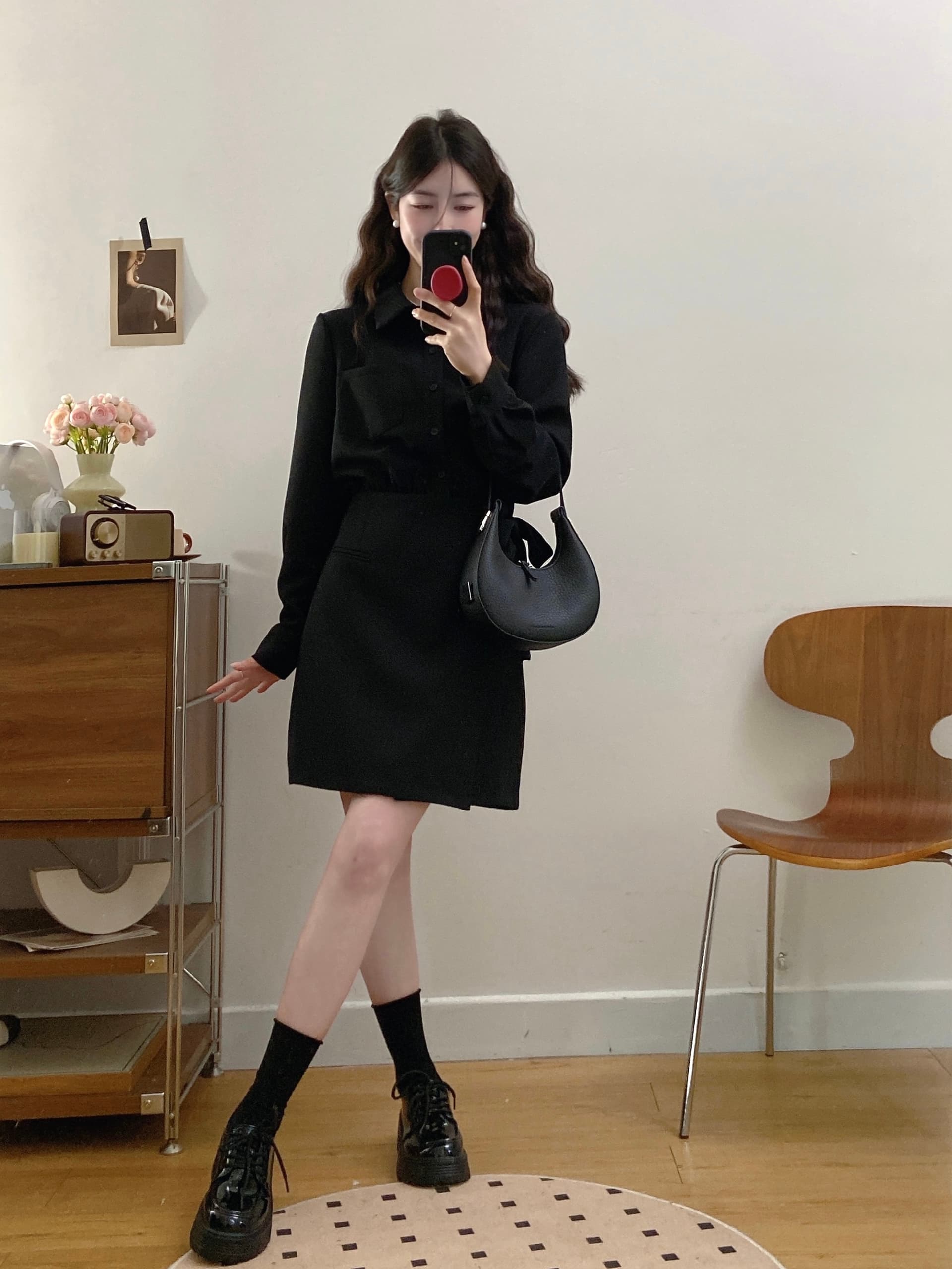 실사 빅 사이즈 여성 의류 2026 가을 새로운 지방 mm 표지 고기 슬림해 보이는 페이크 레이어드 셔츠 드레스 이미지 4