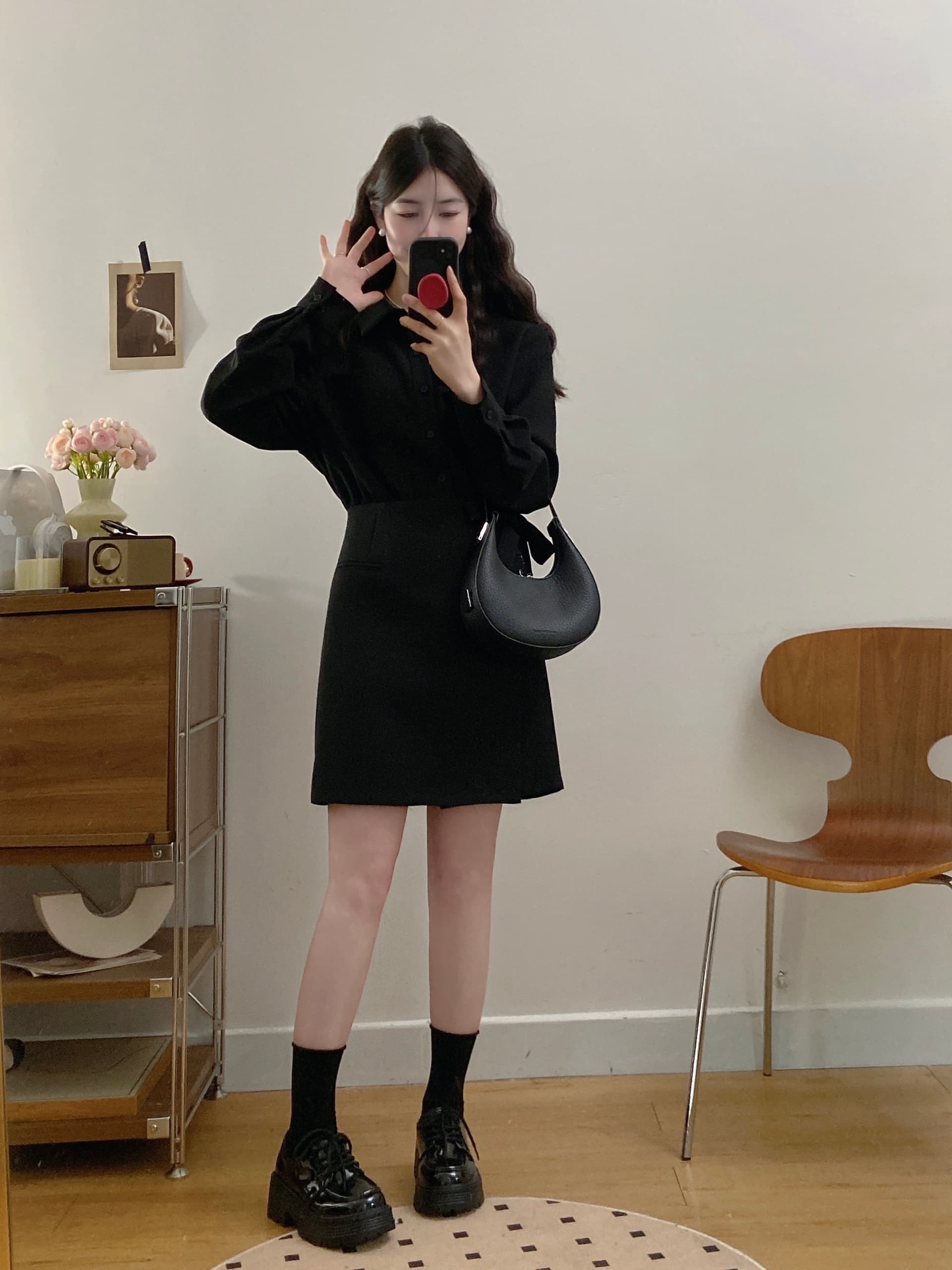 실사 빅 사이즈 여성 의류 2026 가을 새로운 지방 mm 표지 고기 슬림해 보이는 페이크 레이어드 셔츠 드레스 상세 이미지 2