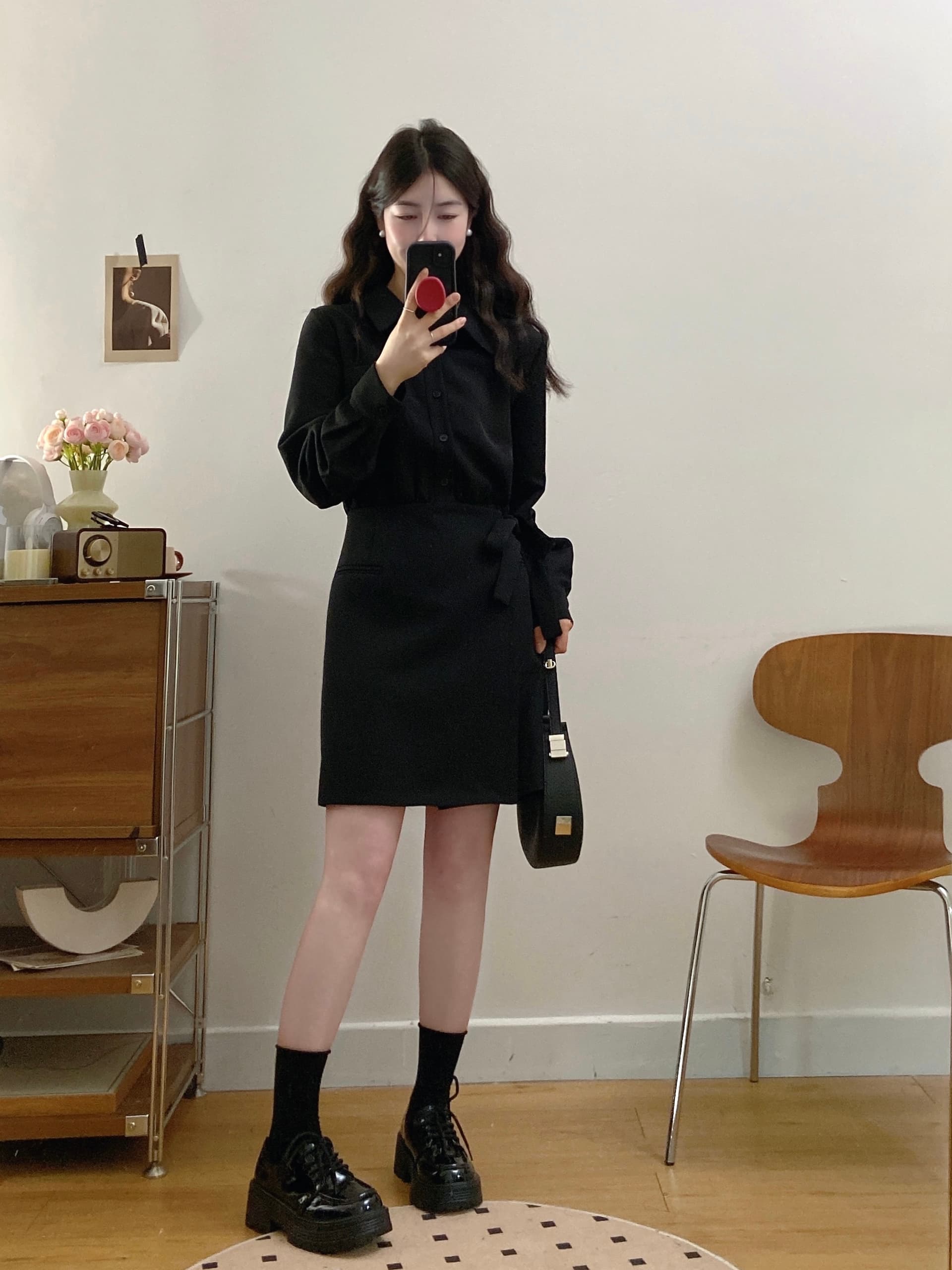 실사 빅 사이즈 여성 의류 2026 가을 새로운 지방 mm 표지 고기 슬림해 보이는 페이크 레이어드 셔츠 드레스 상세 이미지 4
