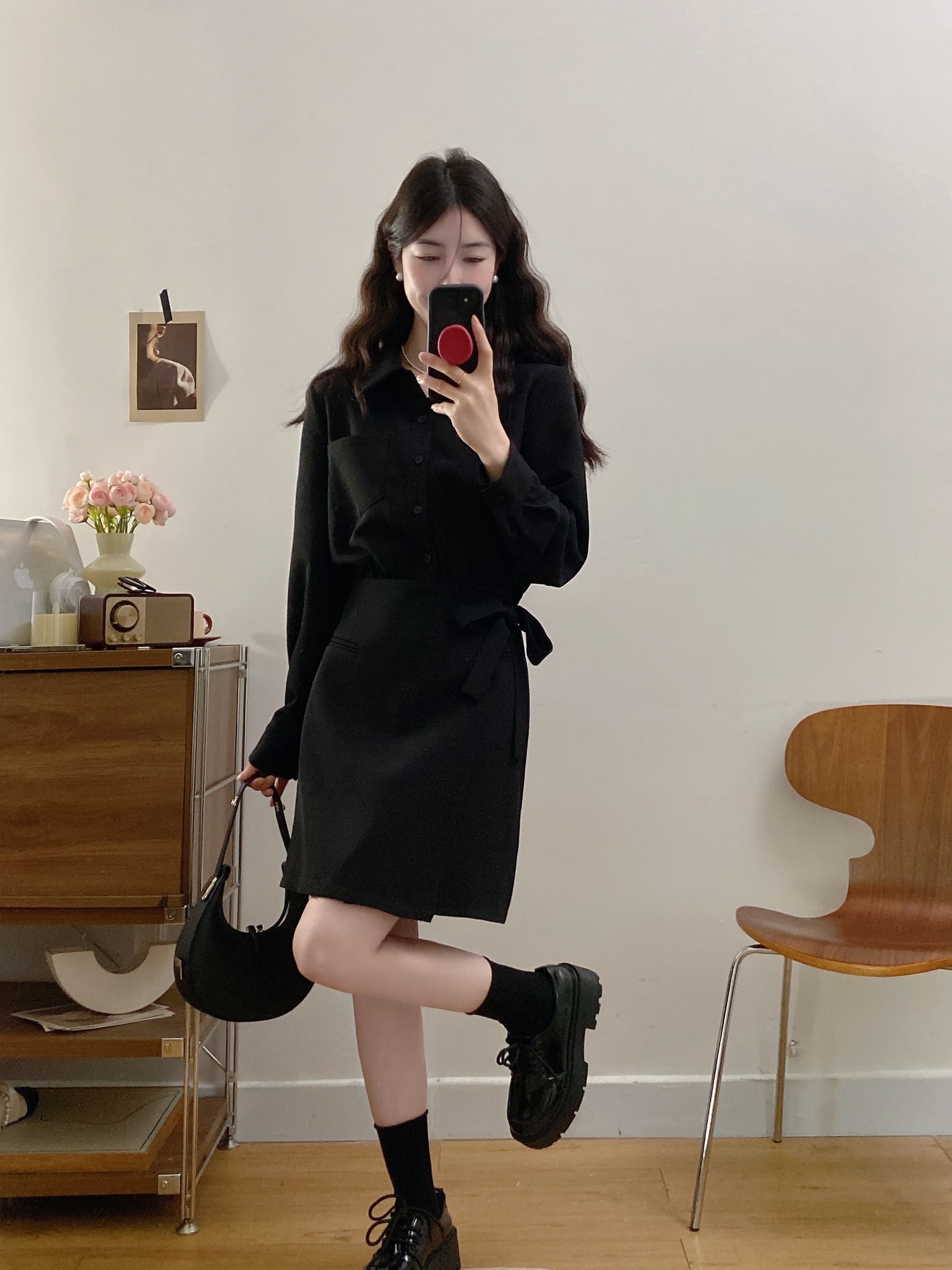 실사 빅 사이즈 여성 의류 2026 가을 새로운 지방 mm 표지 고기 슬림해 보이는 페이크 레이어드 셔츠 드레스 상세 이미지 5