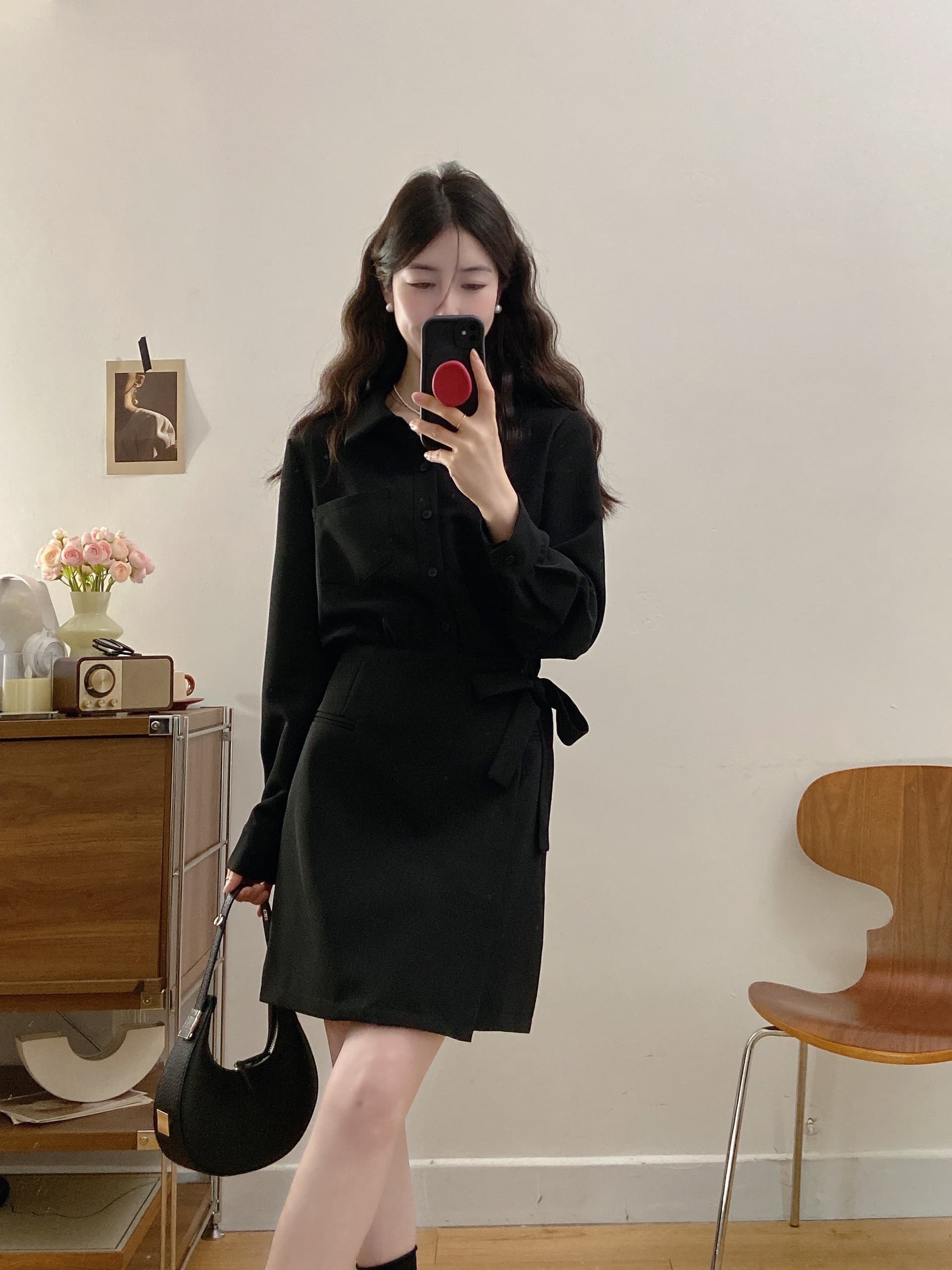 실사 빅 사이즈 여성 의류 2026 가을 새로운 지방 mm 표지 고기 슬림해 보이는 페이크 레이어드 셔츠 드레스 상세 이미지 7