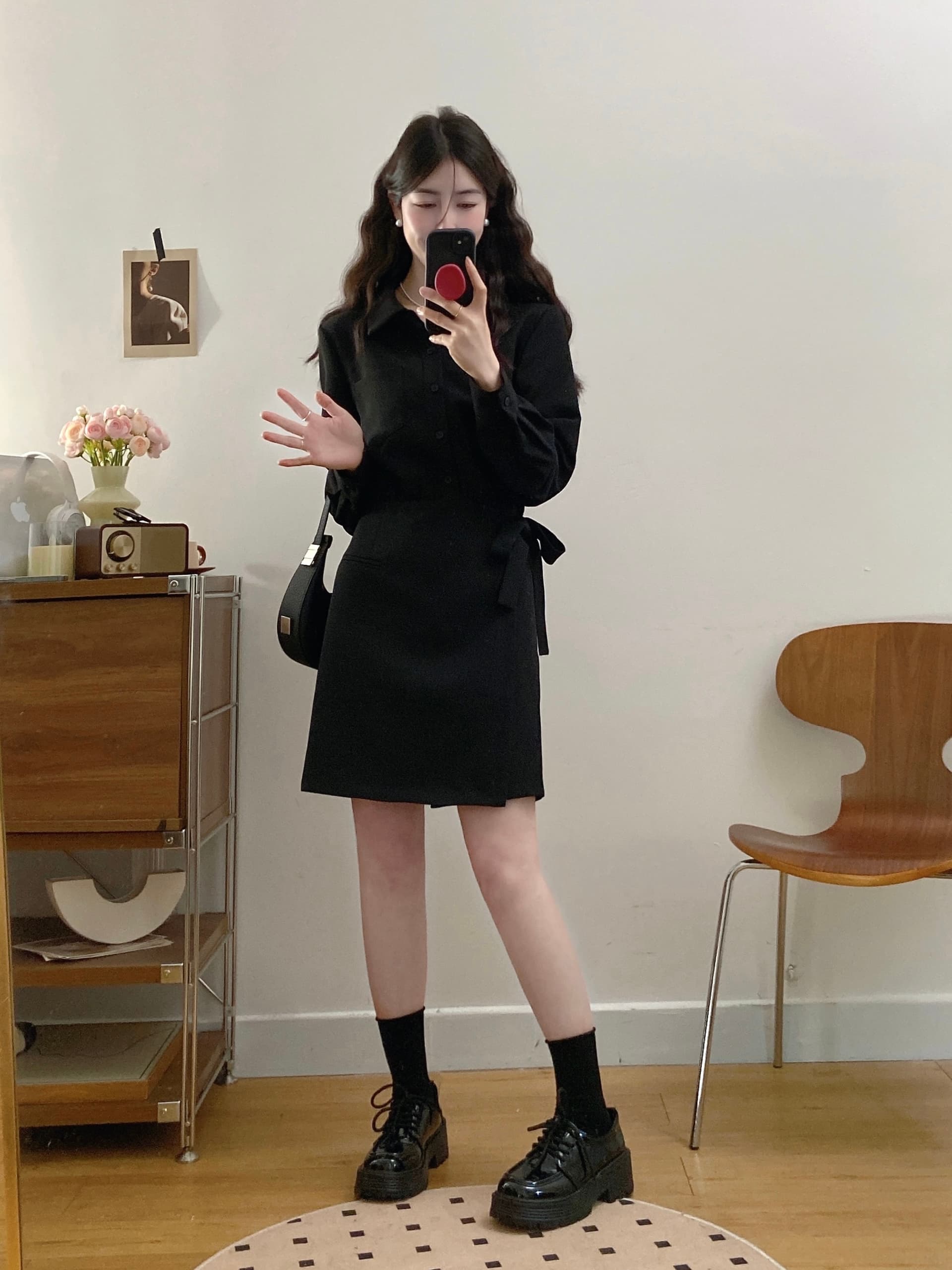 실사 빅 사이즈 여성 의류 2026 가을 새로운 지방 mm 표지 고기 슬림해 보이는 페이크 레이어드 셔츠 드레스 상세 이미지 10
