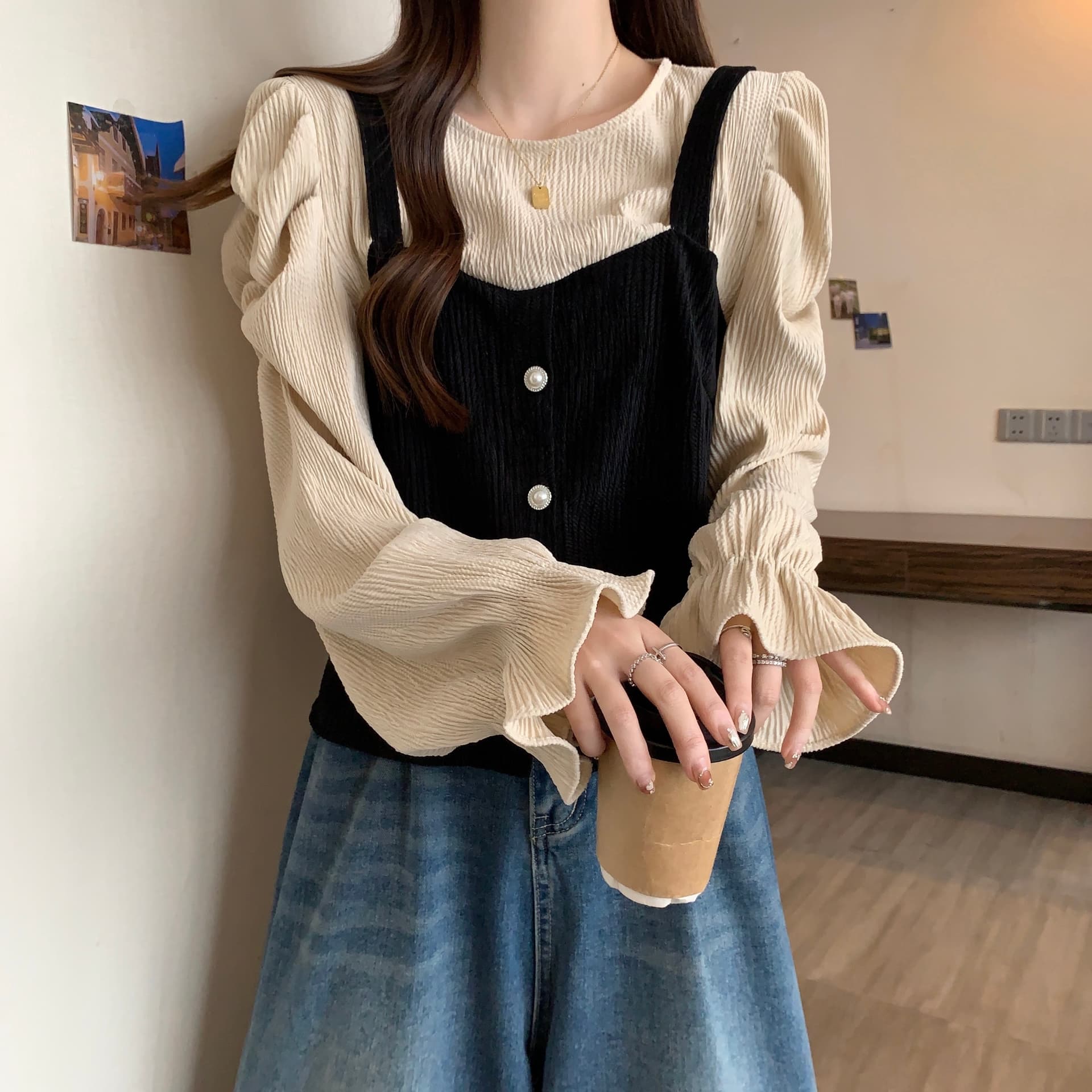 실사 빅 사이즈 여성 의류 표지 배 페이크 레이어드 Chic 셔츠 가을 지방 mm 슬림해 보이는 거품 소매 허리 수축 상세 이미지 6