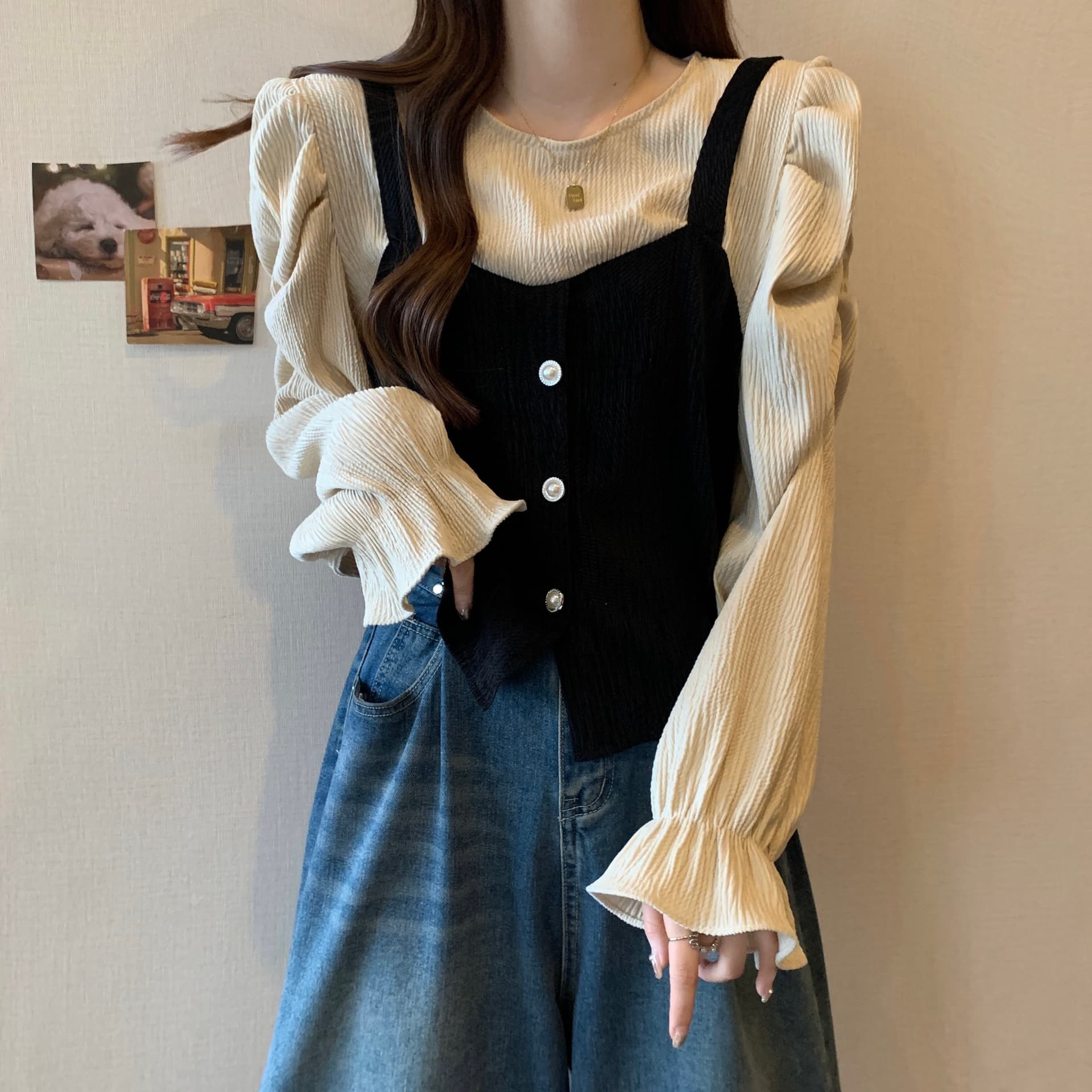 실사 빅 사이즈 여성 의류 표지 배 페이크 레이어드 Chic 셔츠 가을 지방 mm 슬림해 보이는 거품 소매 허리 수축 상세 이미지 7