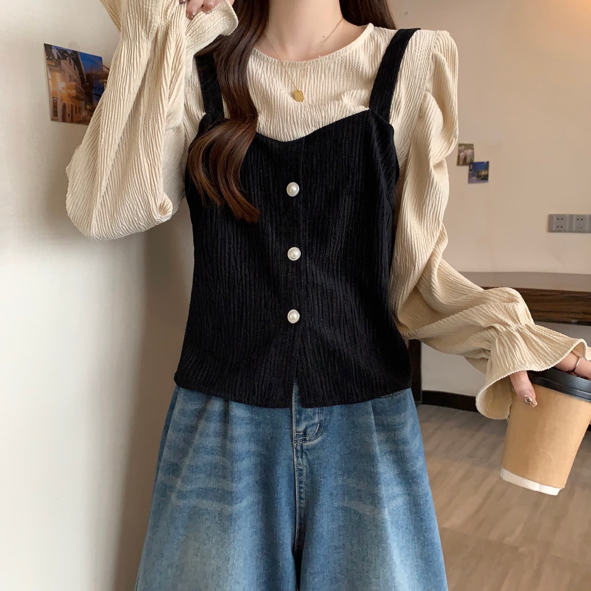실사 빅 사이즈 여성 의류 표지 배 페이크 레이어드 Chic 셔츠 가을 지방 mm 슬림해 보이는 거품 소매 허리 수축 상세 이미지 8