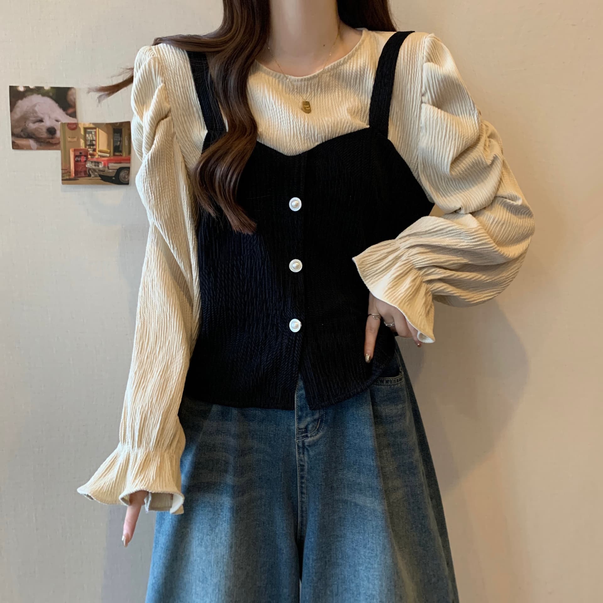 실사 빅 사이즈 여성 의류 표지 배 페이크 레이어드 Chic 셔츠 가을 지방 mm 슬림해 보이는 거품 소매 허리 수축 상세 이미지 9